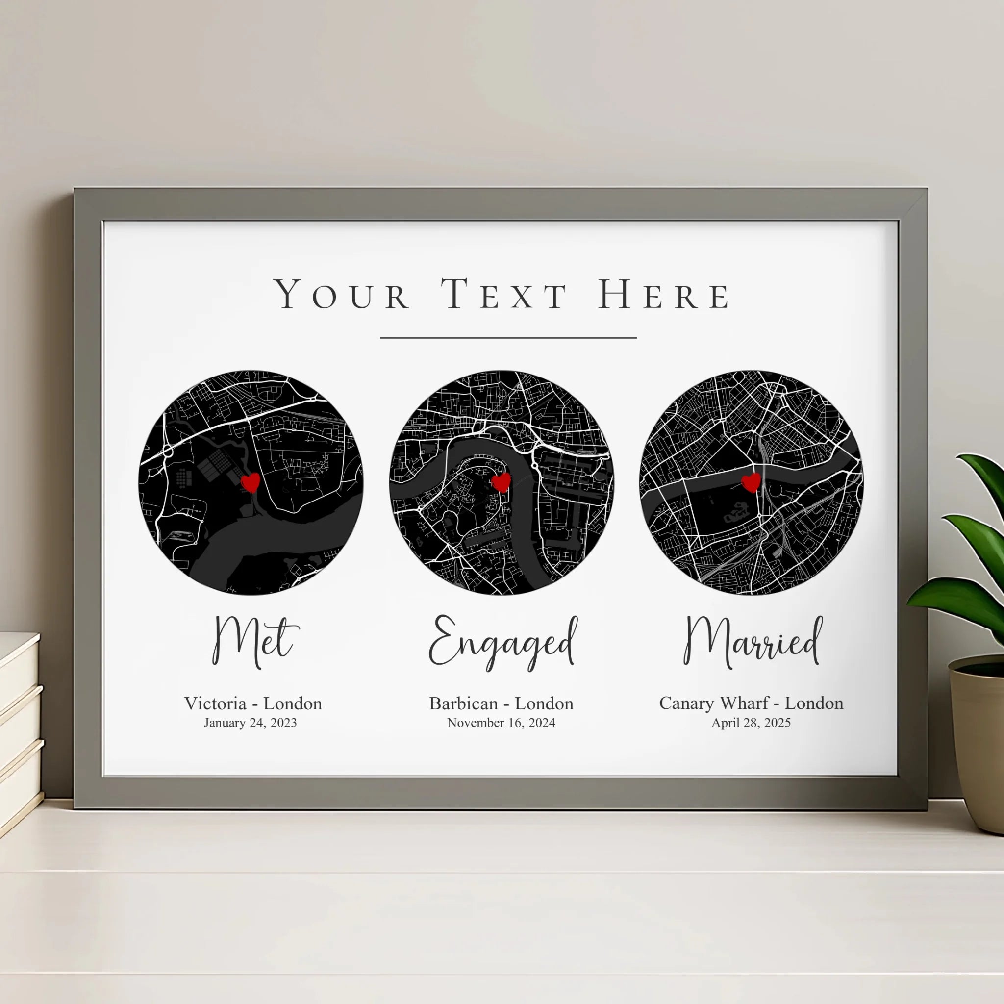 Grey personalised photo frame with a custom map print, names and a special date