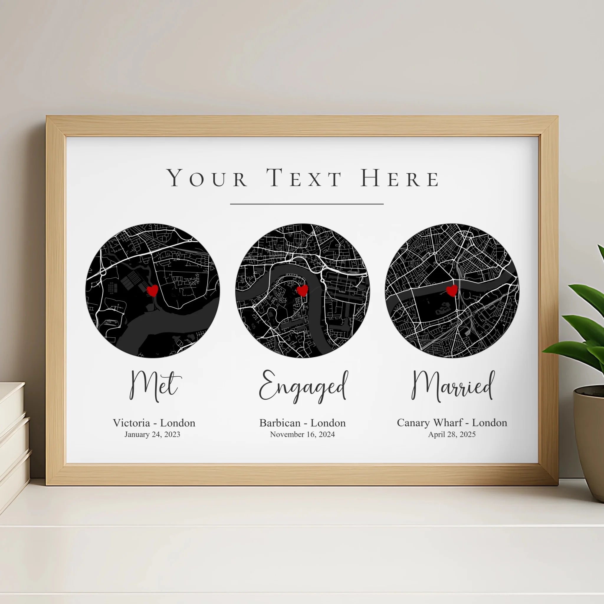 White personalised photo frame with a custom map wall art Our Story design