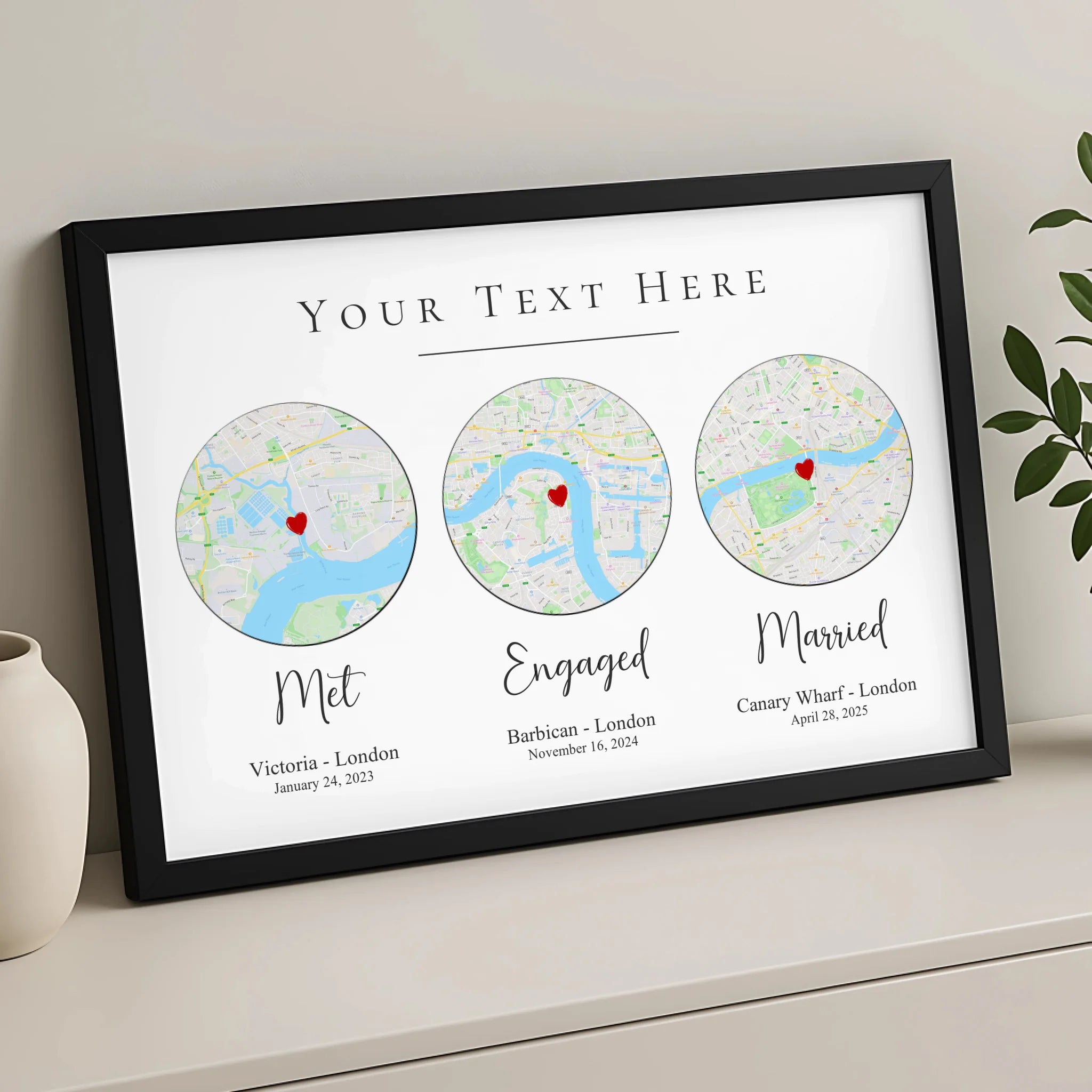Close-up of personalised Our Story map frame showing custom coordinates and dates