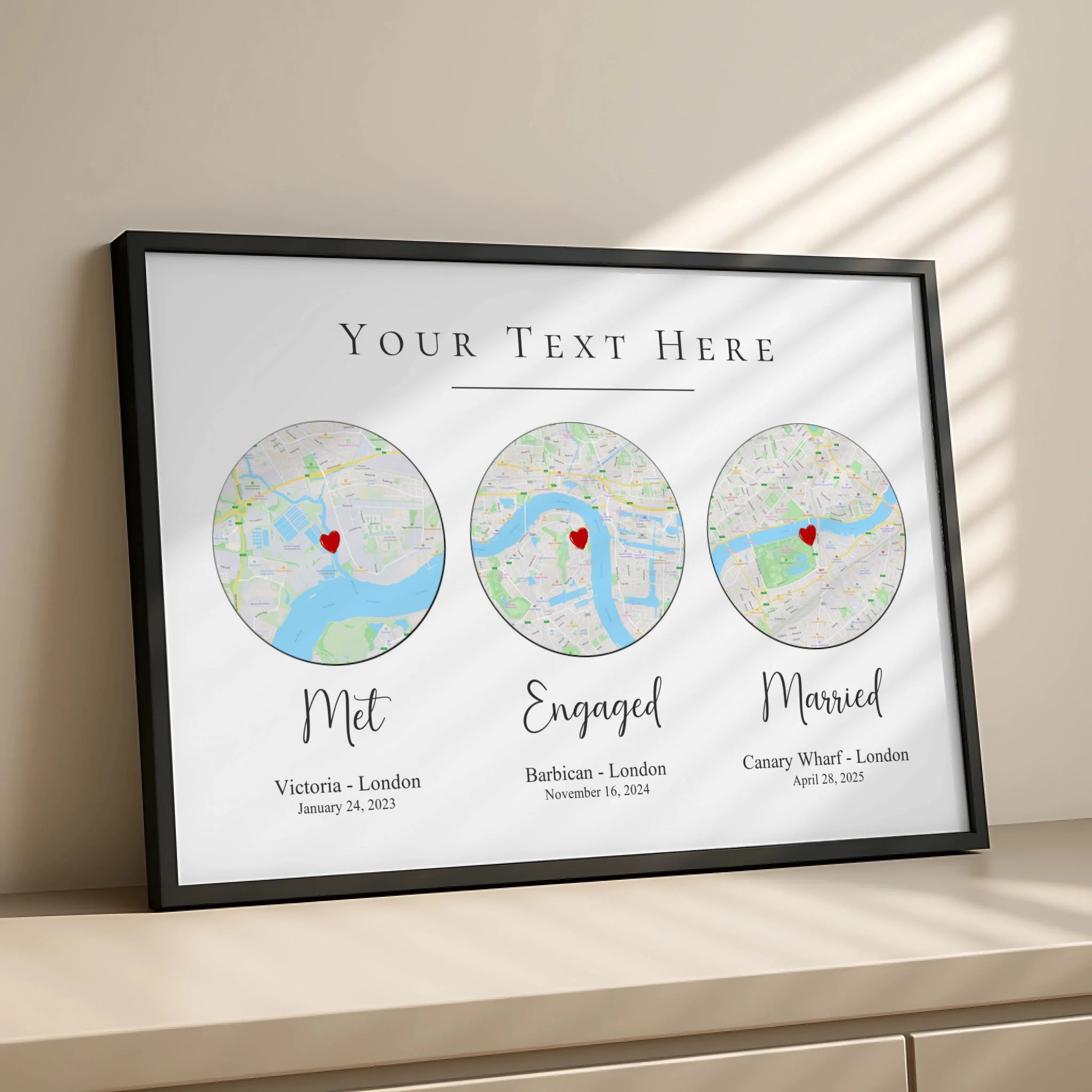 Personalised three-map print frame with couple location details and Our Story layout