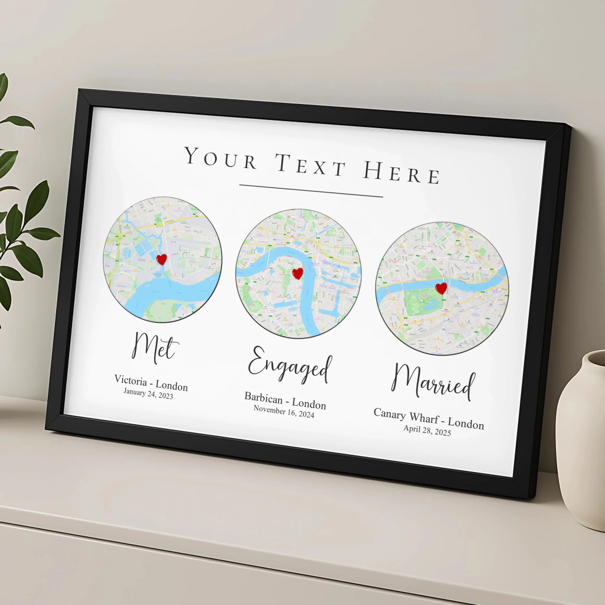 Our Story personalised map frame showing custom place names and anniversary dates