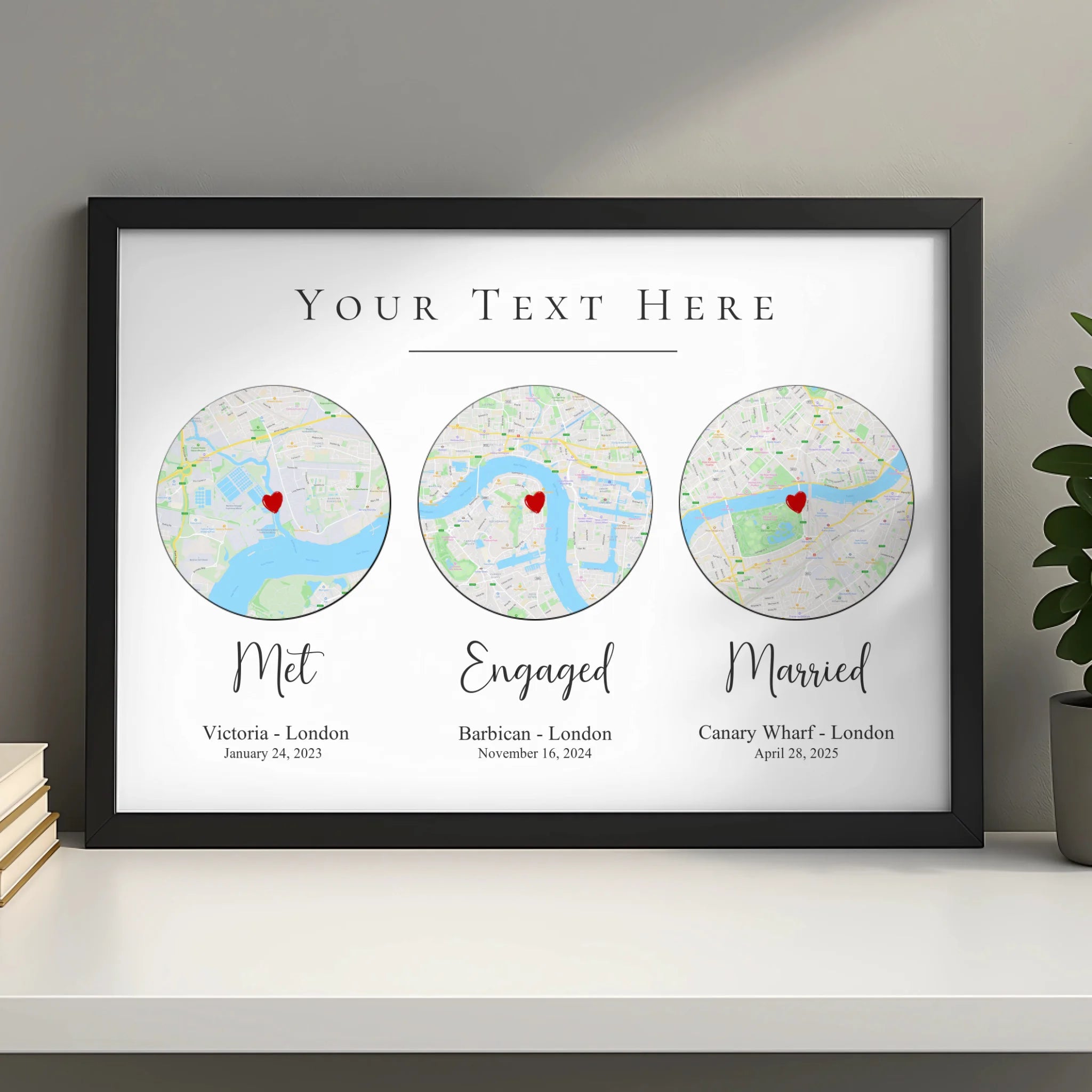 Personalised map print in frame displaying three locations for couples or engagement gift