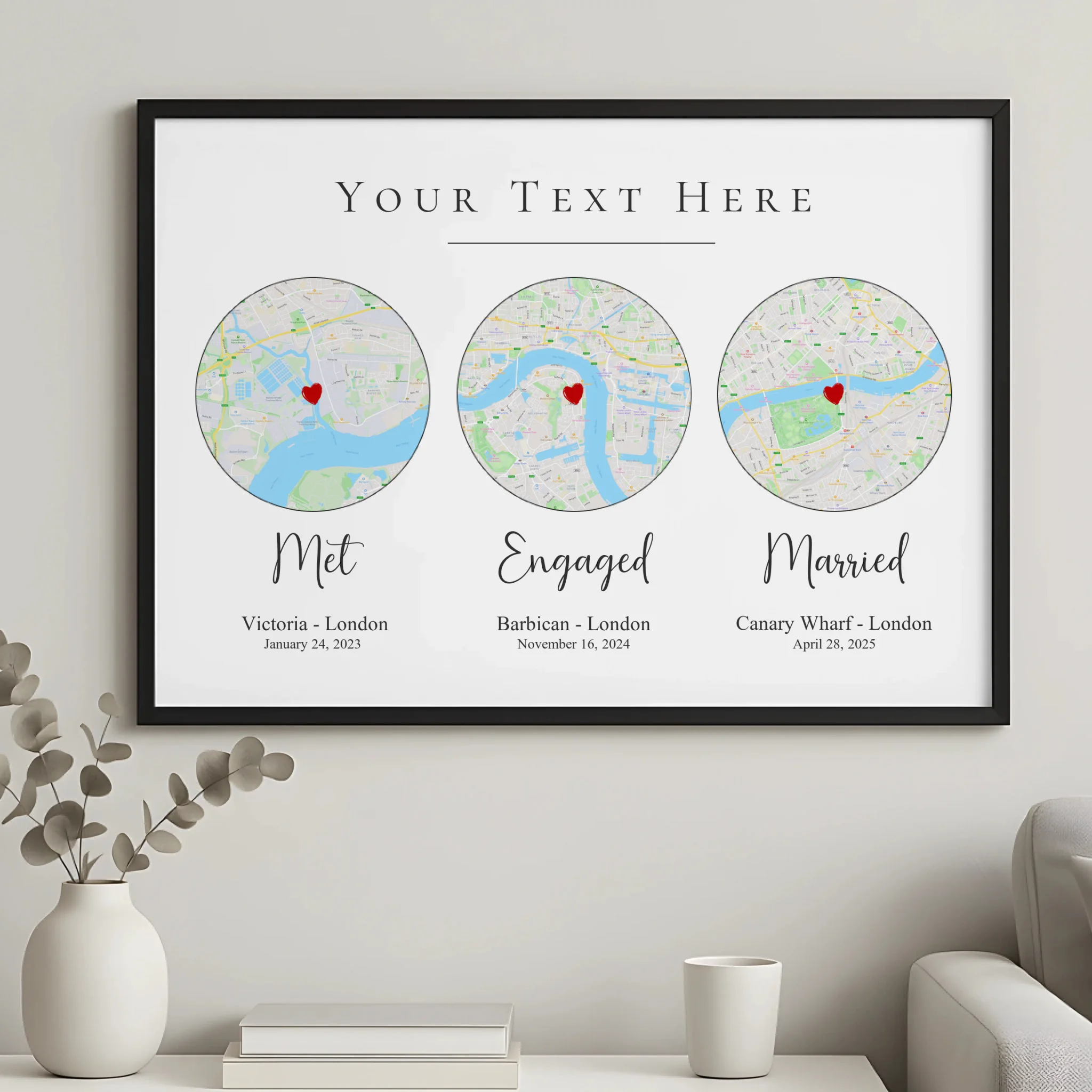 Personalised couple map frame with coordinates printed in Our Story design