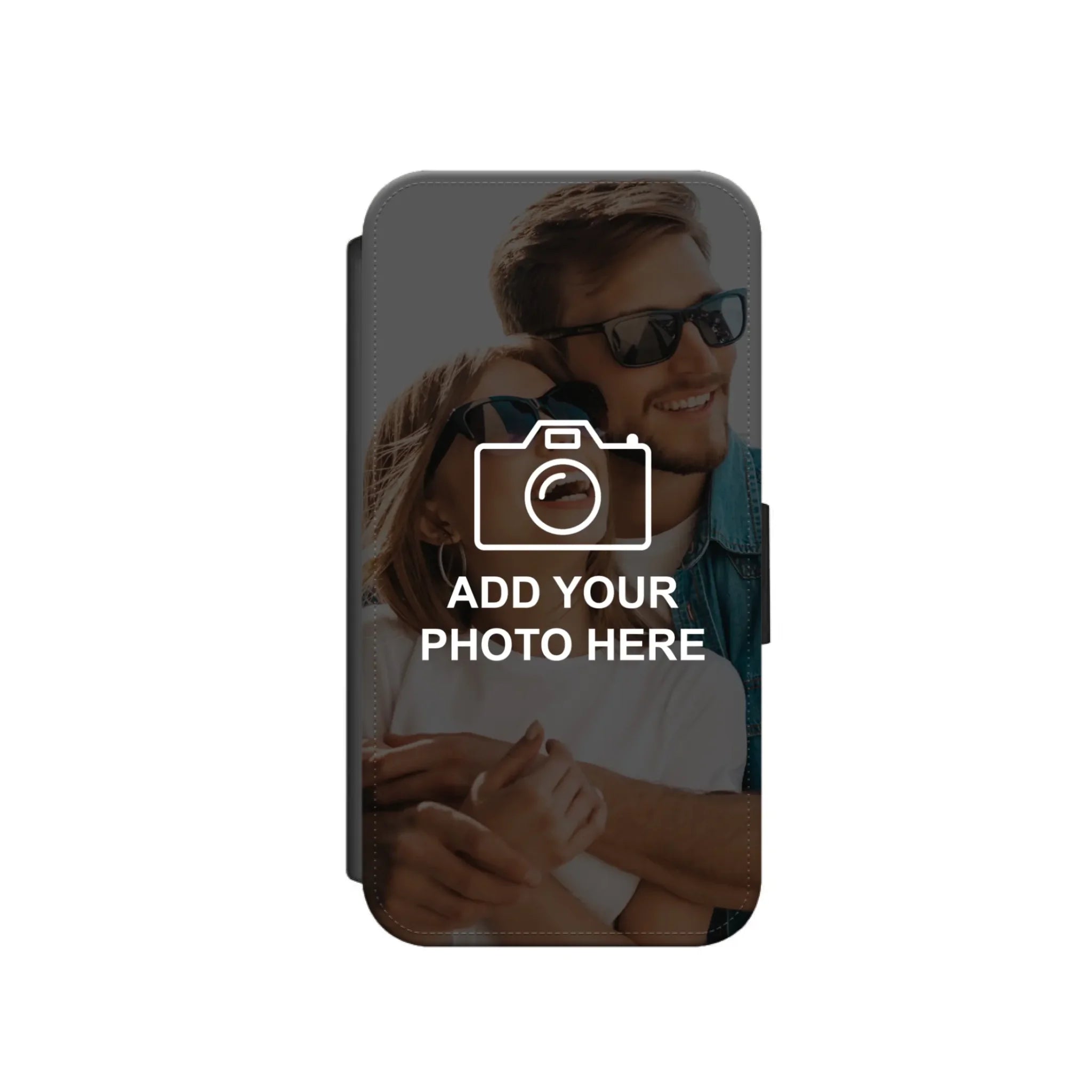 Pre-made collage template applied to a personalised leather flip wallet phone case
