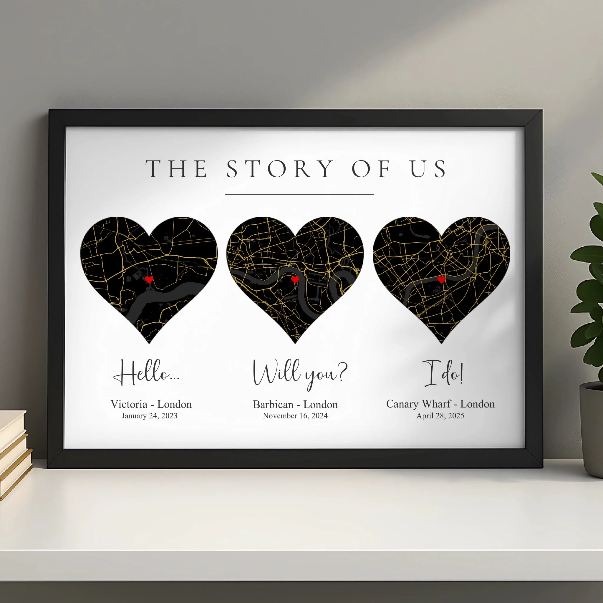 Custom location heart map print framed as a personalised wedding anniversary gift