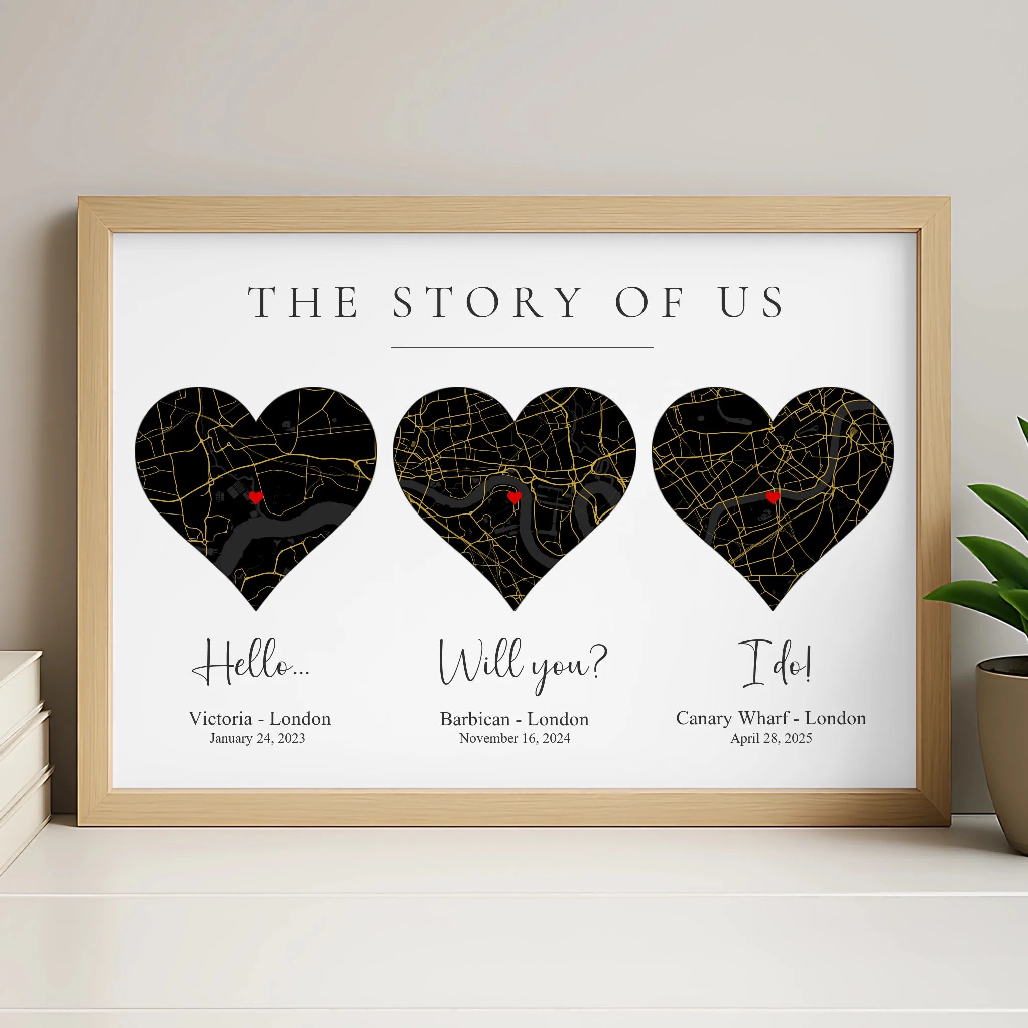 Personalised heart map print in white frame showing three locations and coordinates