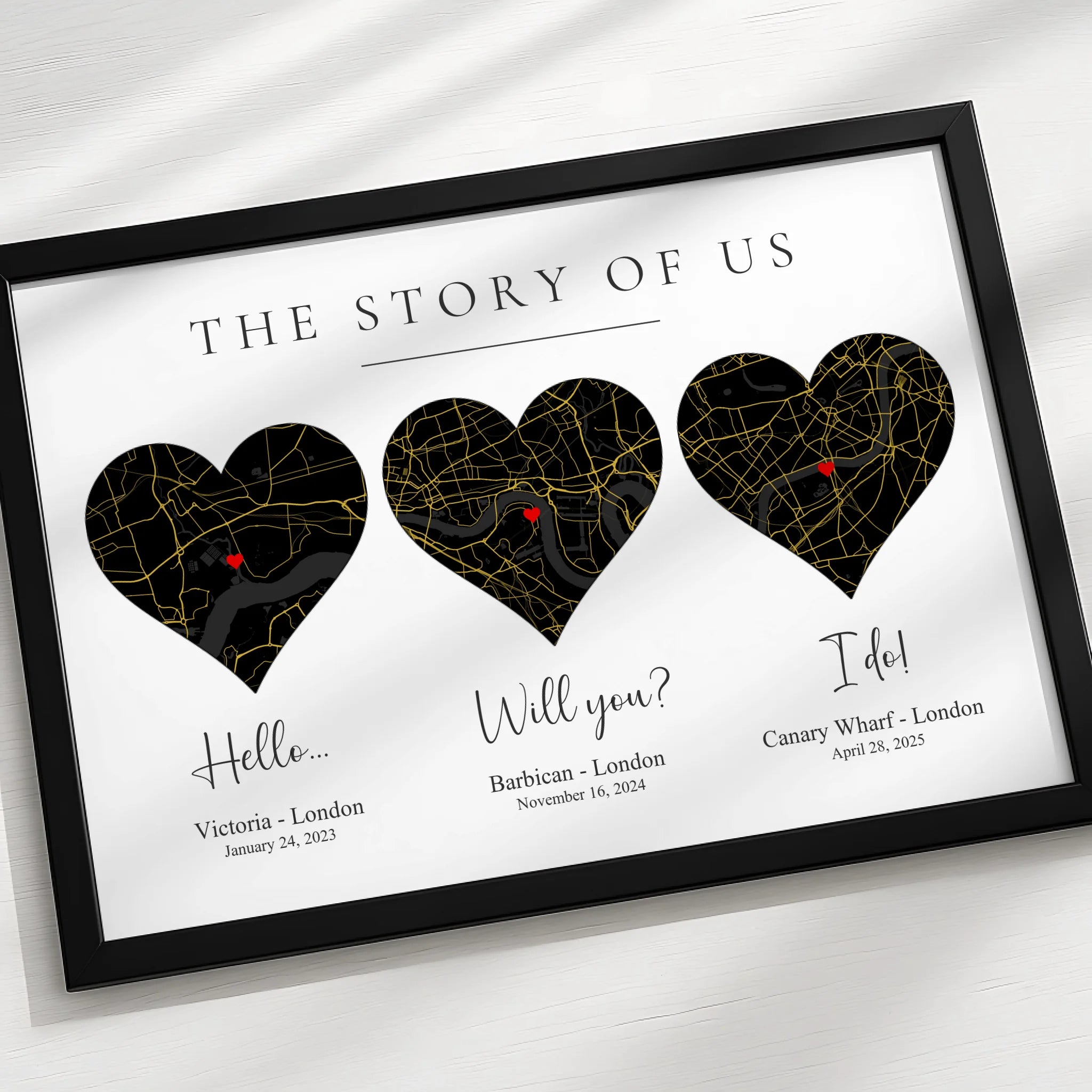 Personalised map print showing three meaningful locations with dates and coordinates