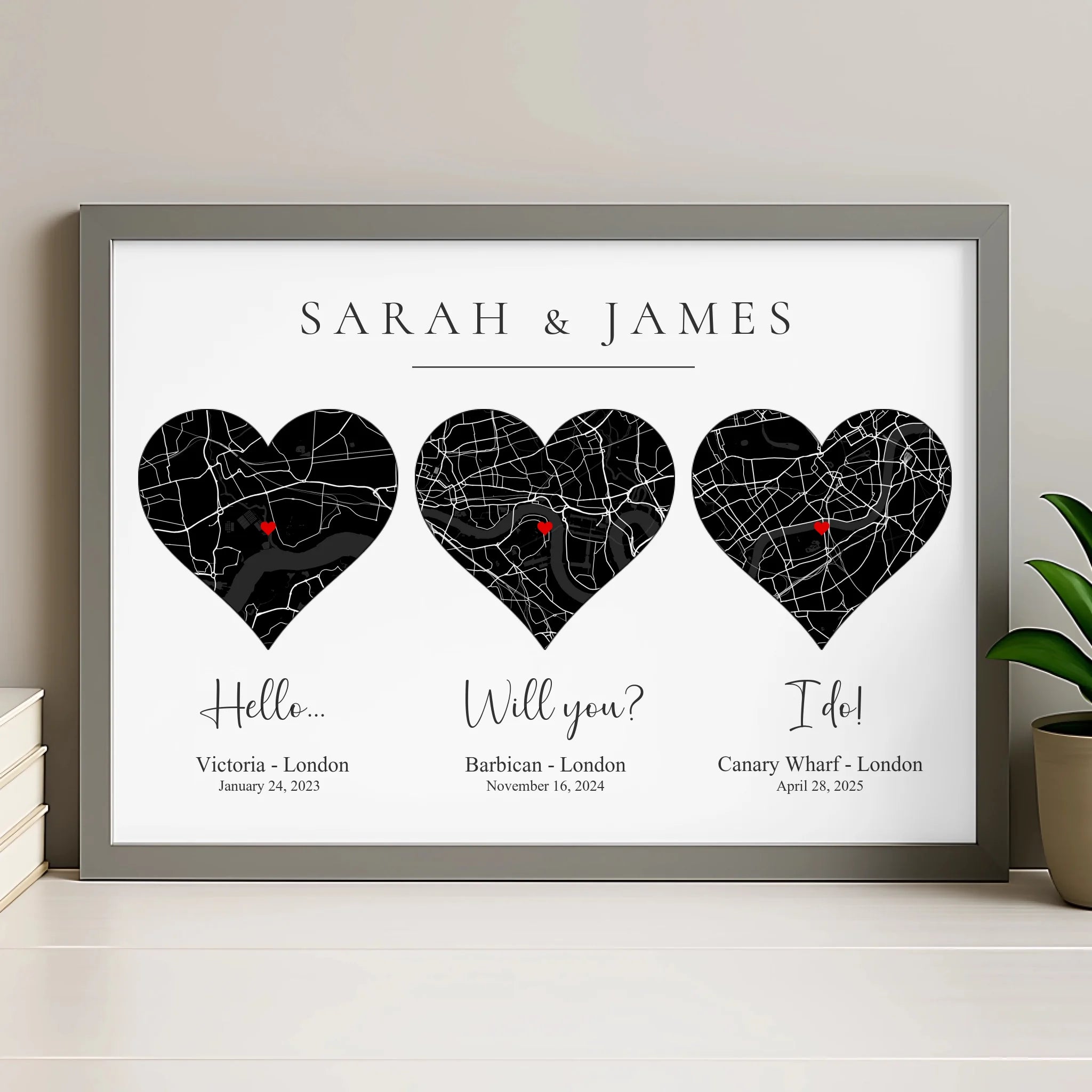 Personalised couple map print in grey frame with custom coordinates and timeline