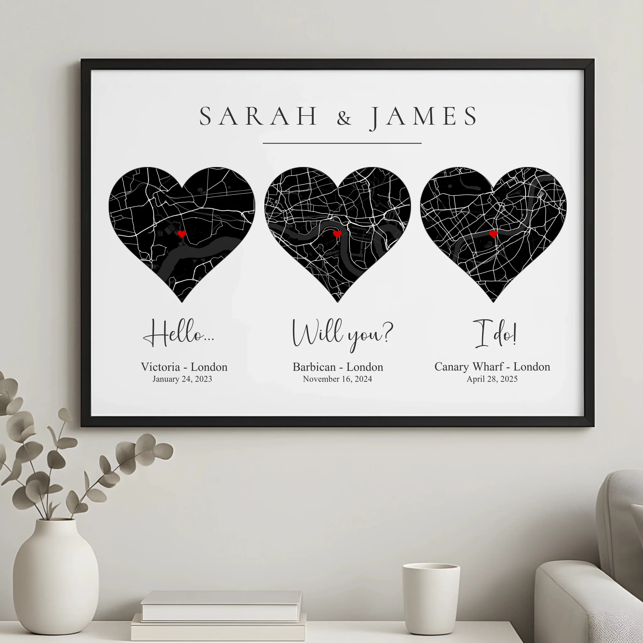 Personalised engagement gift map print with heart map and custom coordinates framed
