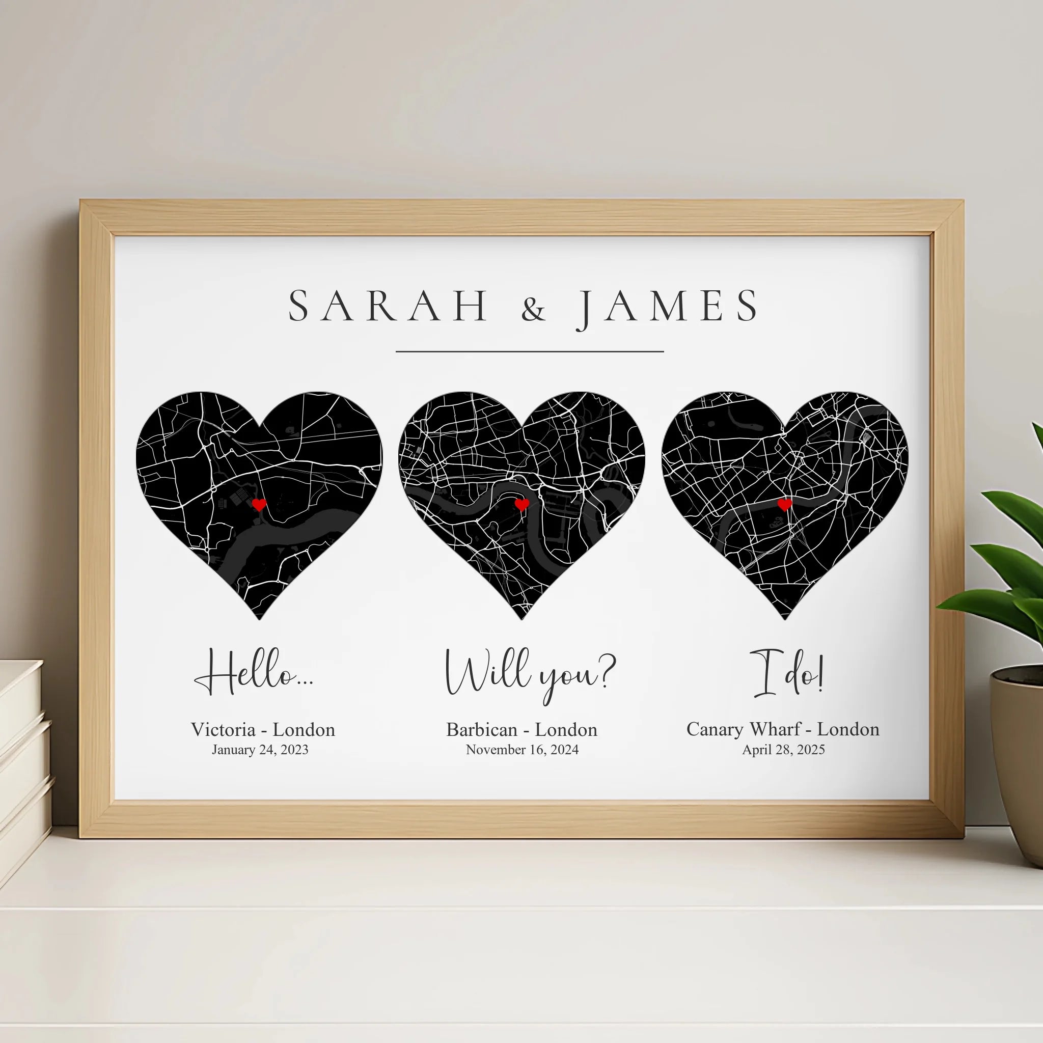 Personalised heart map wall art in white frame with custom location and date details