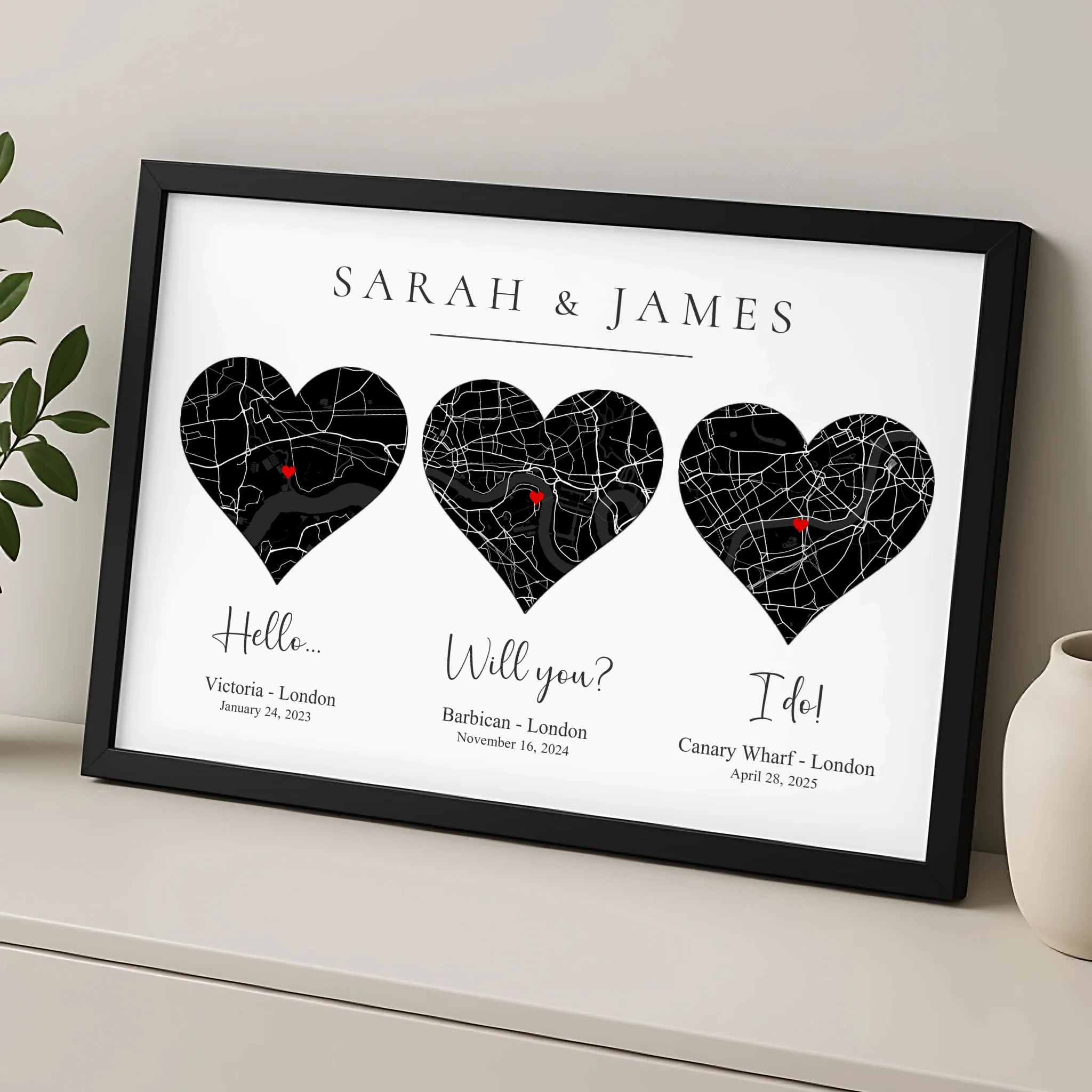 Close-up of personalised heart map print with custom text and coordinates for couples