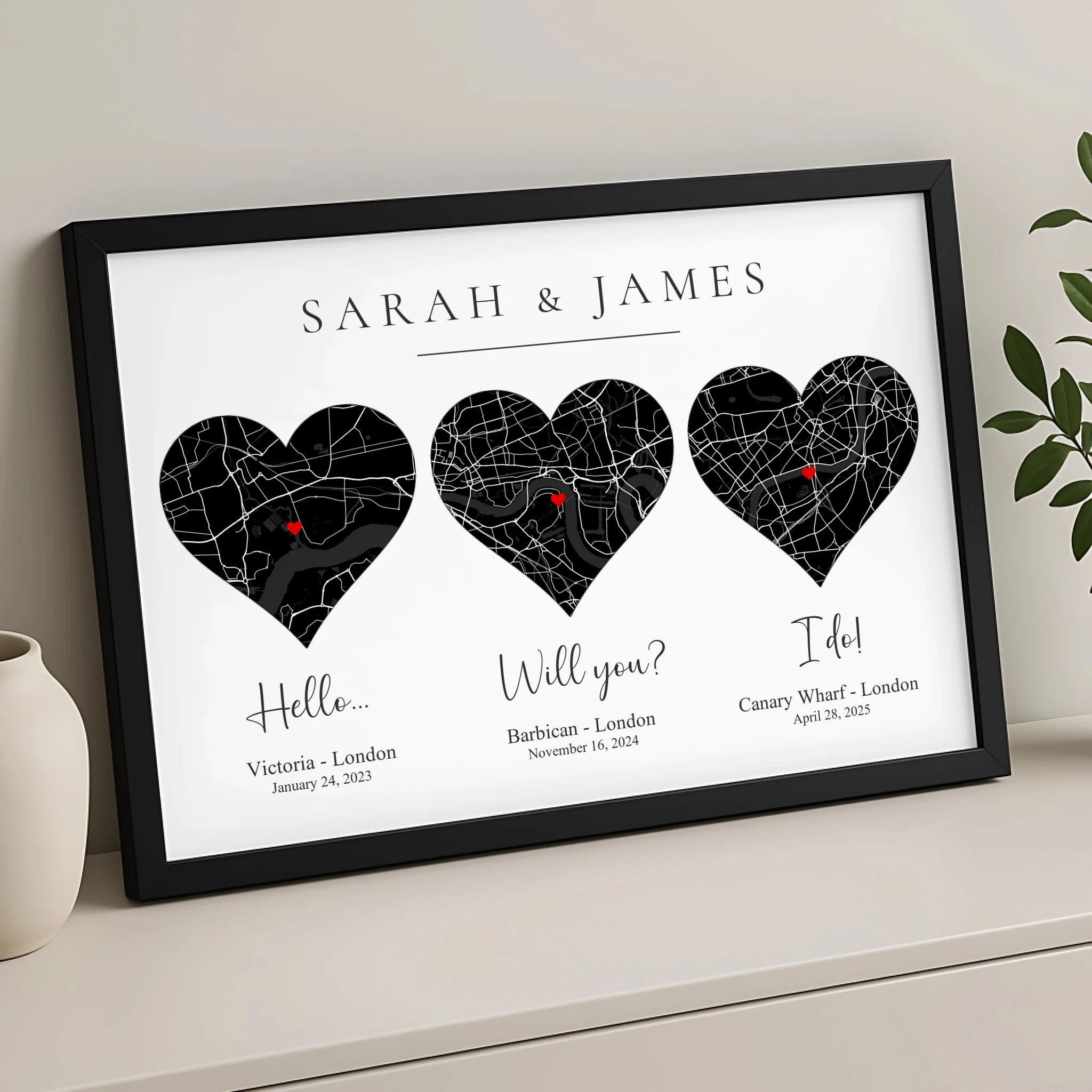 Custom couple map print showing heart map design with personalised location details