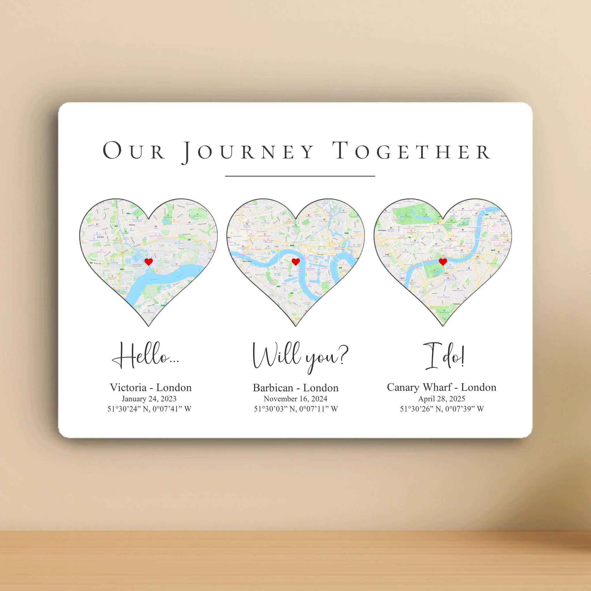 Custom Personalised Coordinates Map Aluminium Photo Panel – Romantic Couple Gift & Wedding Keepsake