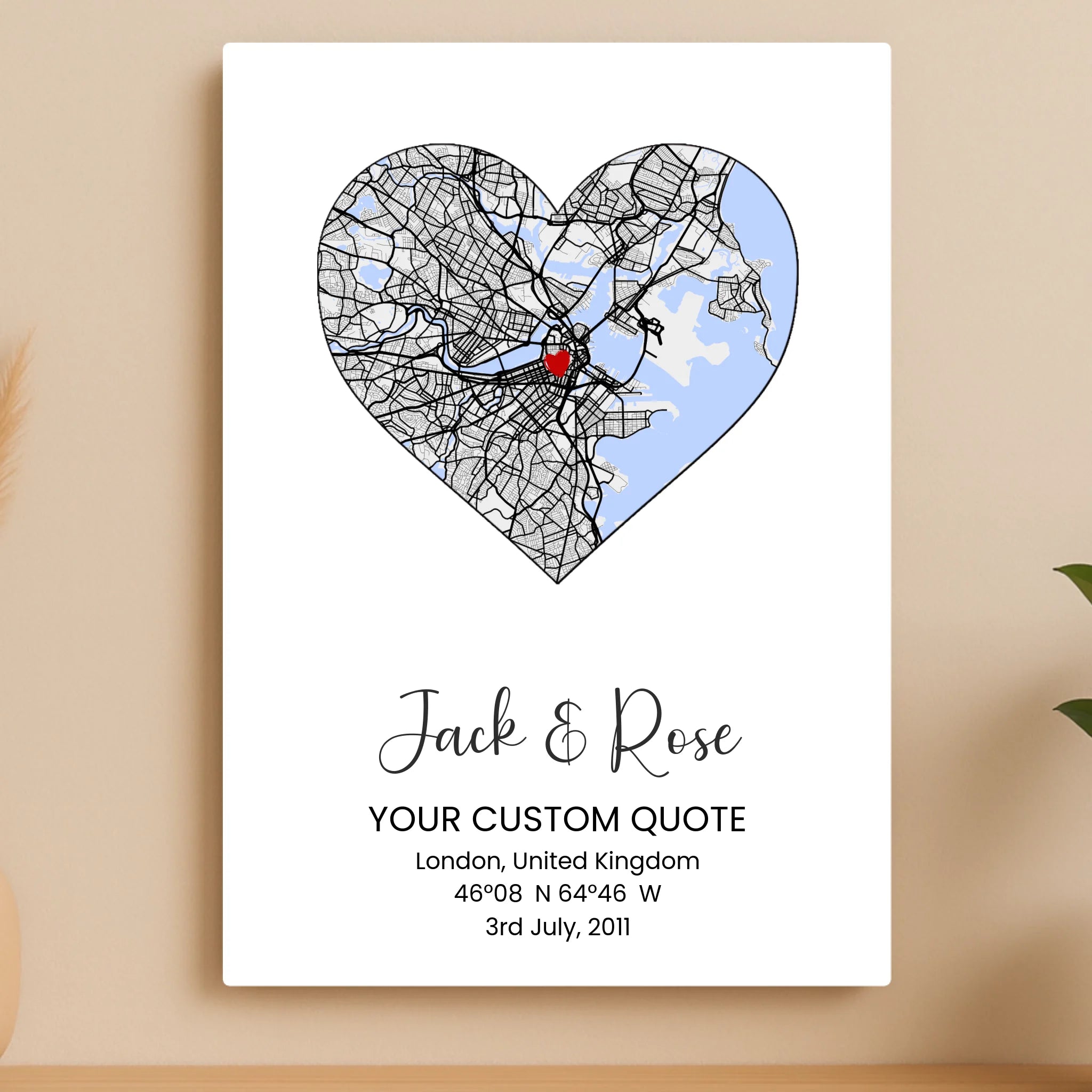 Custom Personalised Coordinates Map Aluminium Photo Panel – Romantic Couple Gift & Wedding Keepsake - 18 Map Styles