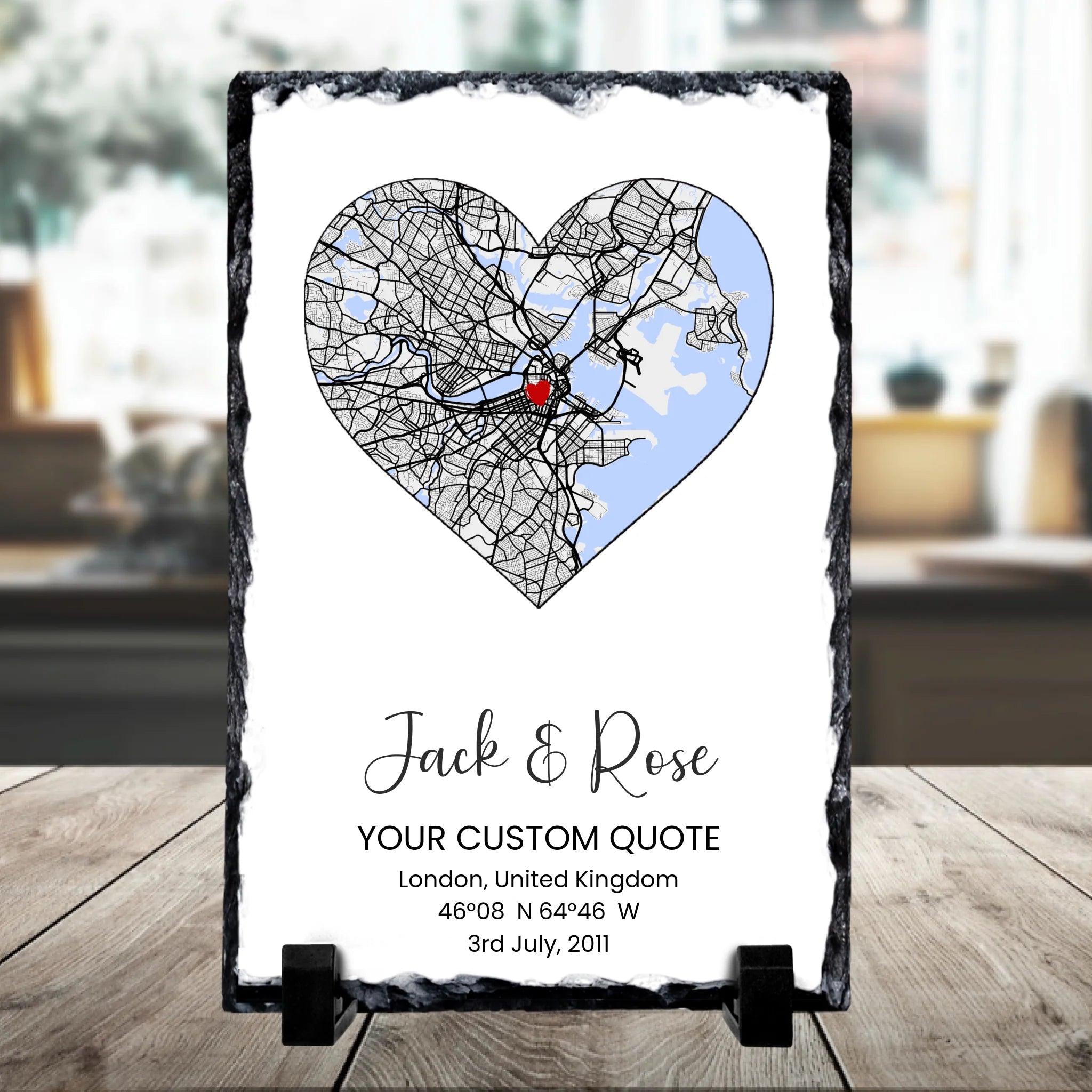 Personalised photo slate with heart map design, custom names, coordinates, quote and date printed on rectangular slate