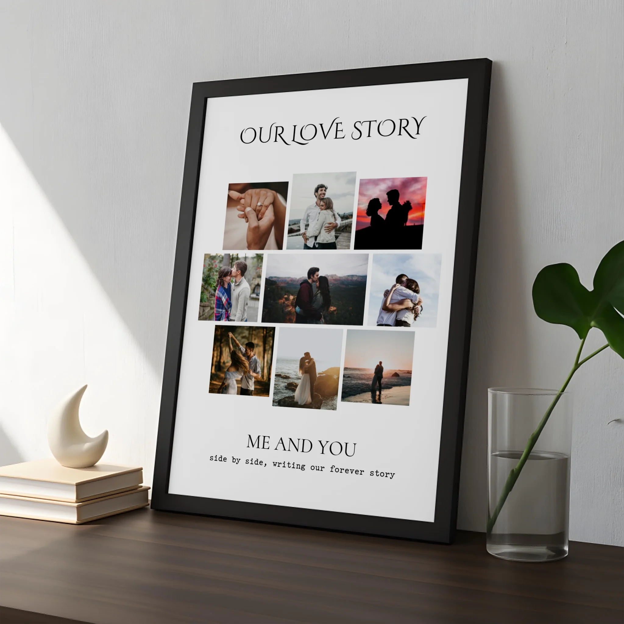 Personalised love story print displayed in a white frame