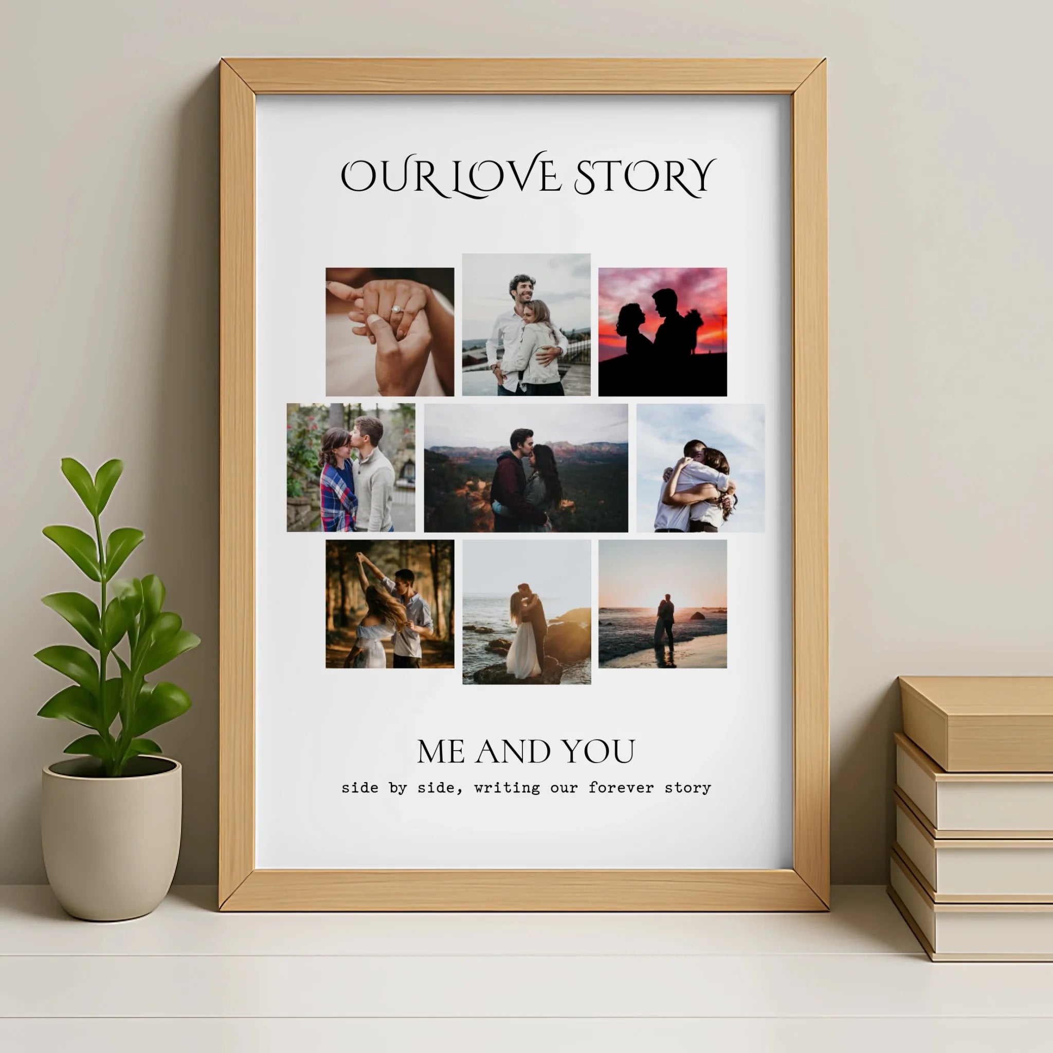 Oak framed custom photo collage print with couple names and quote