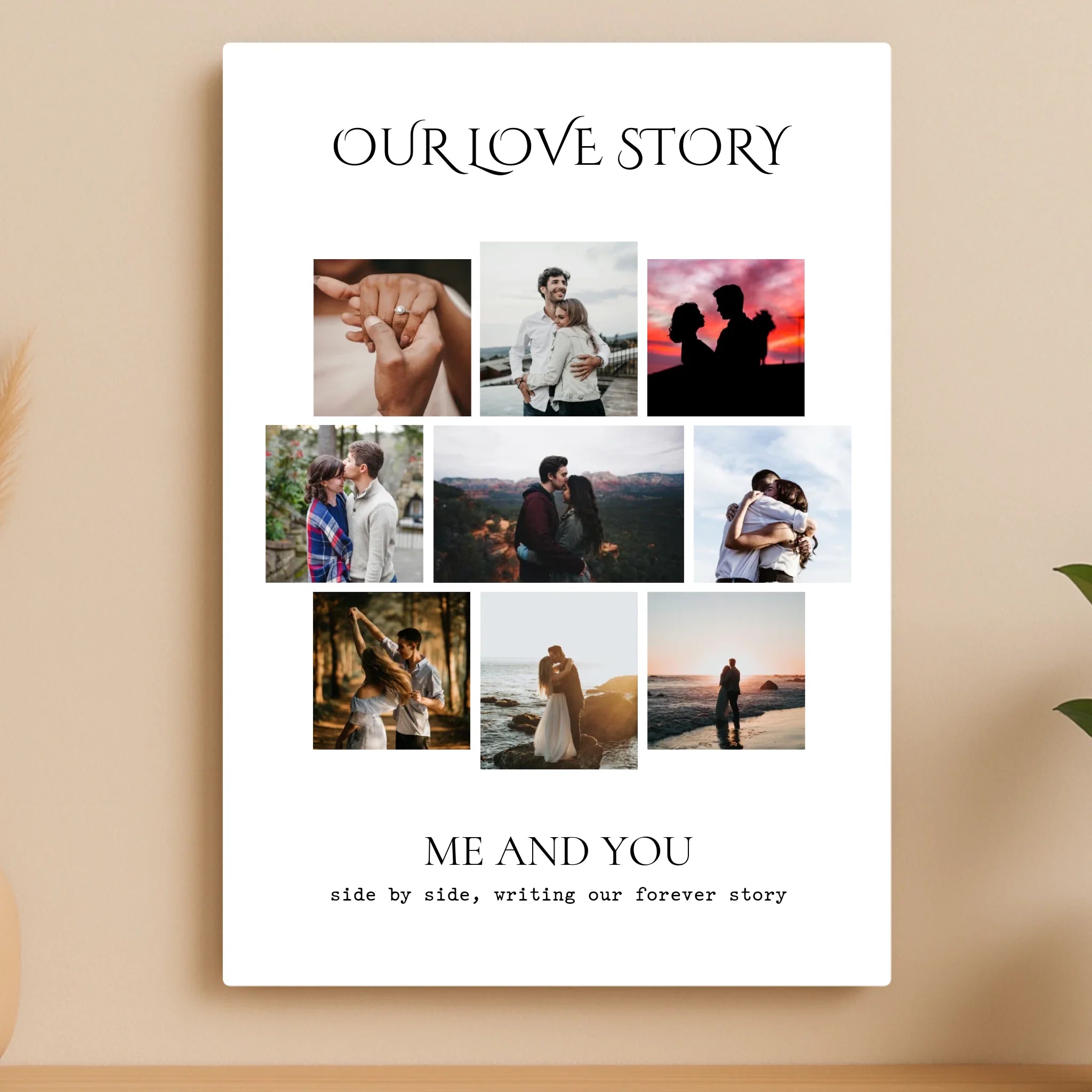 Personalised Love Story Photo Collage Aluminium Panel – 9 Photo Custom Metal Print with Names & Quote – A4/A3 Modern Wall Art Gift