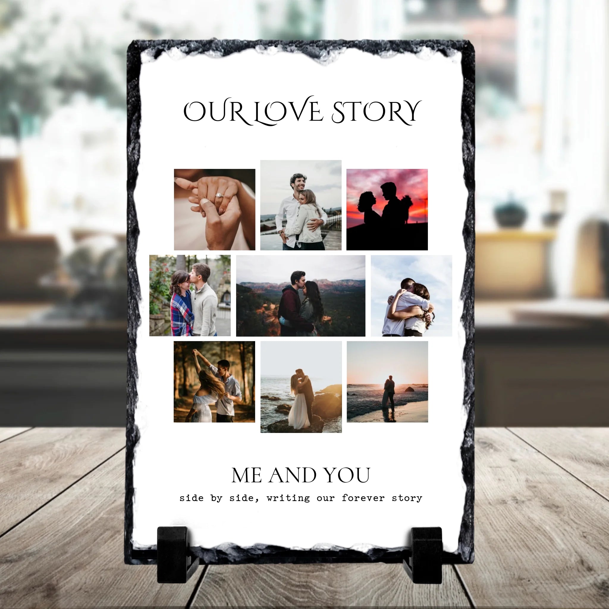 Personalised Love Story Photo Slate – 9 Photo Custom Collage with Names & Quote – Square Slate Anniversary Gift for Couples