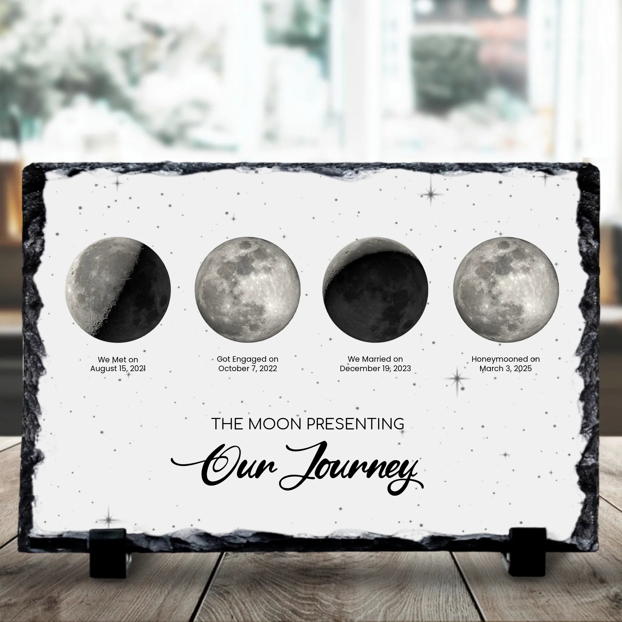 Personalised photo slate with four custom moon phases, dates and events printed on rectangular slate