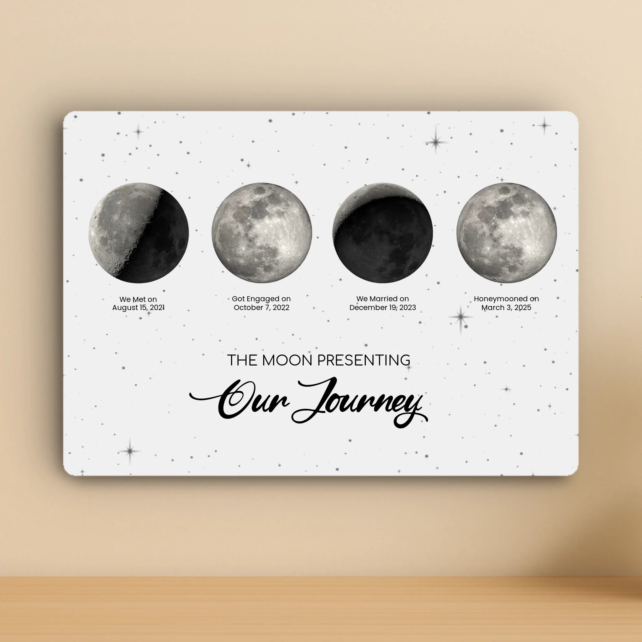 Personalised Moon Phase Aluminium Panel – 4 Custom Moon Phases with Dates & Events – A4/A3 Metal Wall Art Gift for Couples