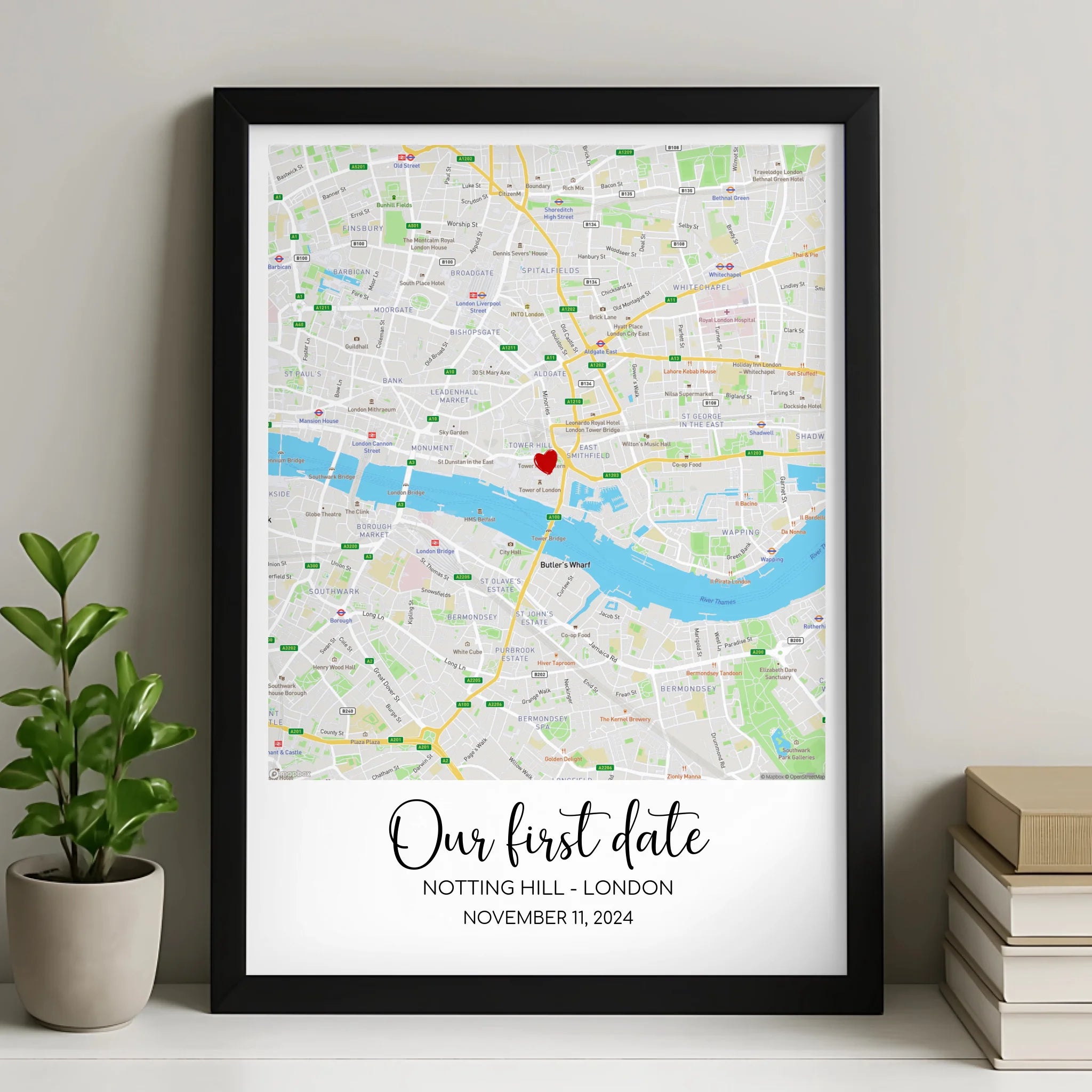 Personalised Map Print – Custom Location with Heart Marker, Names, Date & Coordinates – A4/A3 Framed Wall Art Gift for Couples