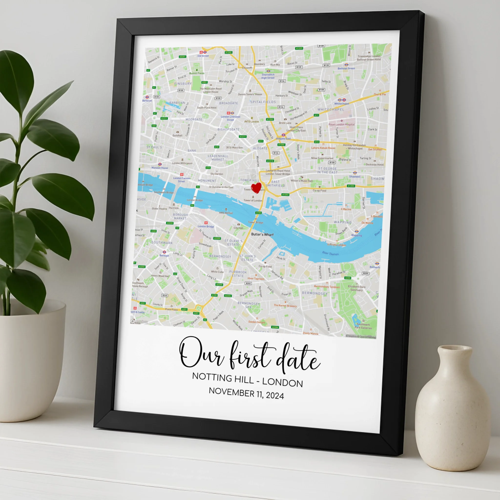 Personalised Map Print – Custom Location with Heart Marker, Names, Date & Coordinates – A4/A3 Framed Wall Art Gift for Couples
