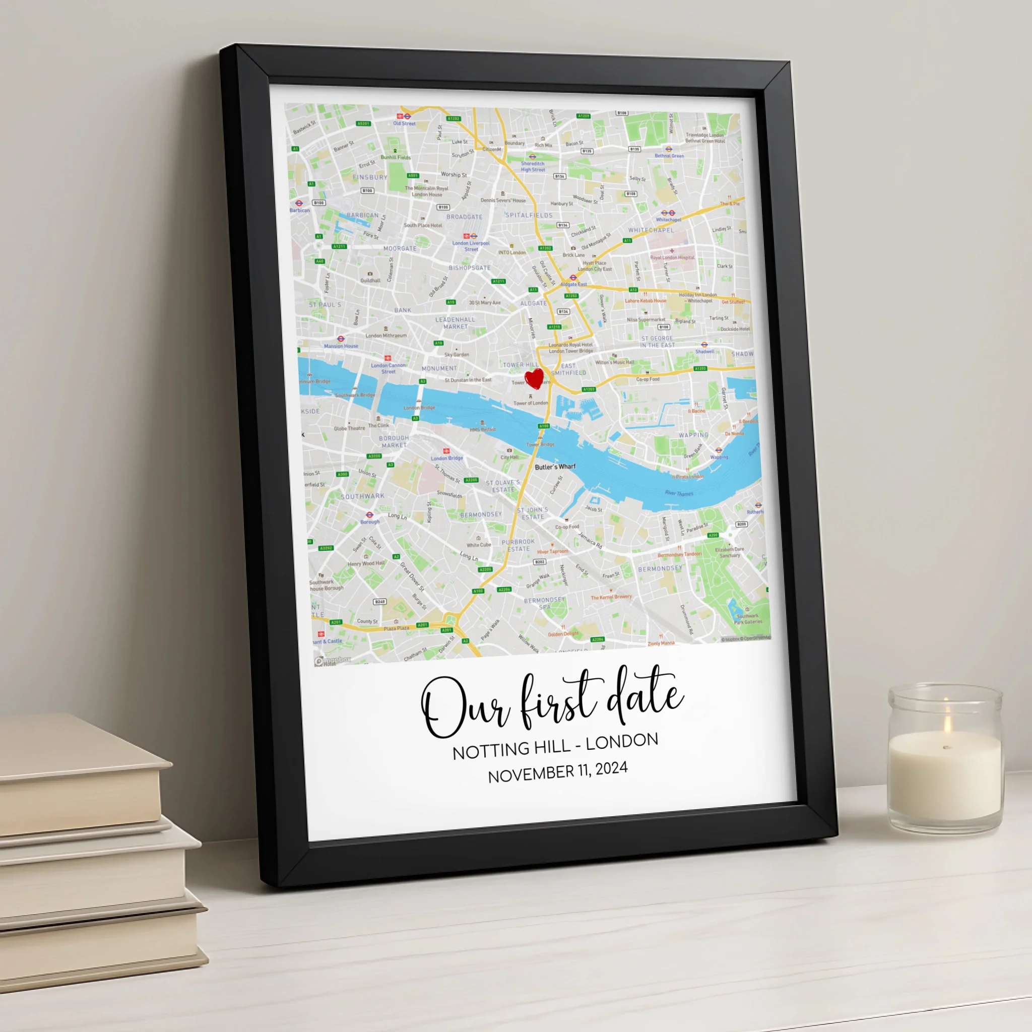 Personalised Map Print – Custom Location with Heart Marker, Names, Date & Coordinates – A4/A3 Framed Wall Art Gift for Couples