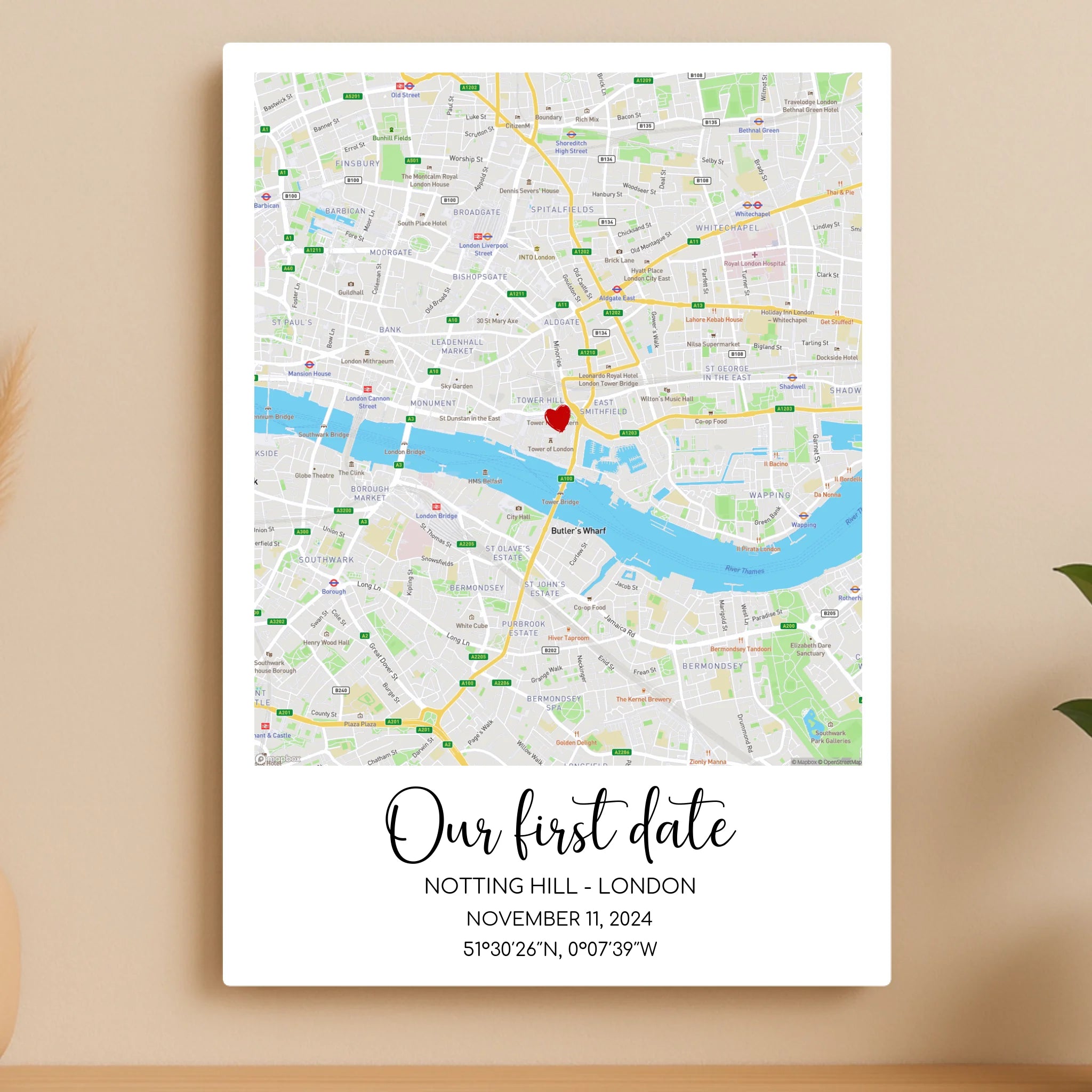 Personalised Map Aluminium Panel – Custom Location Print with Heart Marker, Names, Date & Coordinates – A4/A3 Metal Wall Art Gift