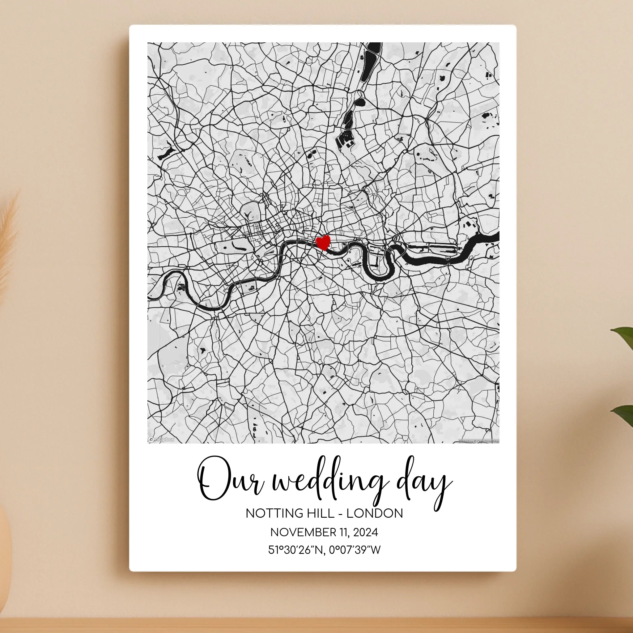 Personalised Map Aluminium Panel – Custom Location Print with Heart Marker, Names, Date & Coordinates – A4/A3 Metal Wall Art Gift copy
