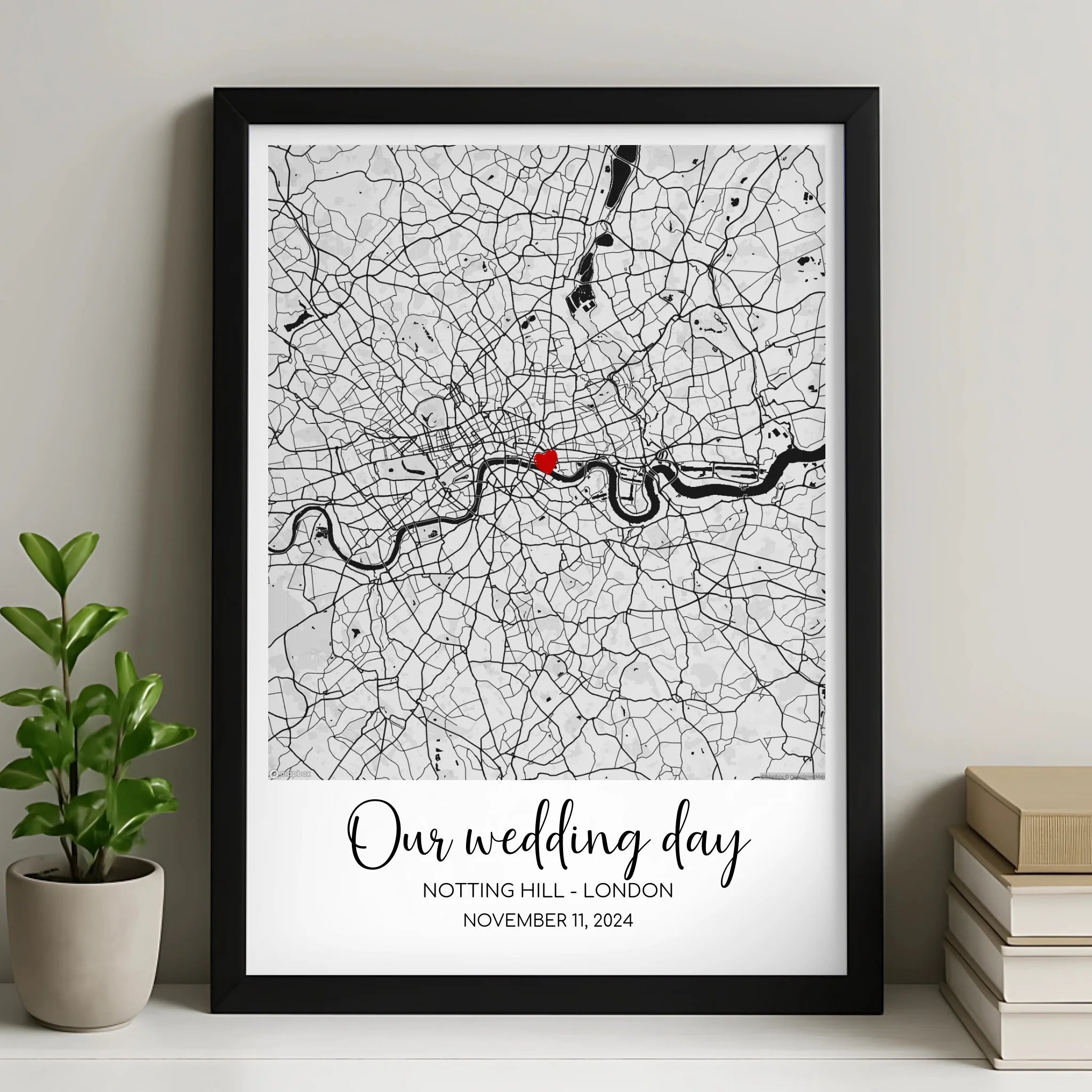 Custom Map Framed Print – Personalised Location Gift with Names, Date & Heart Marker – Anniversary, Wedding or Engagement Gift