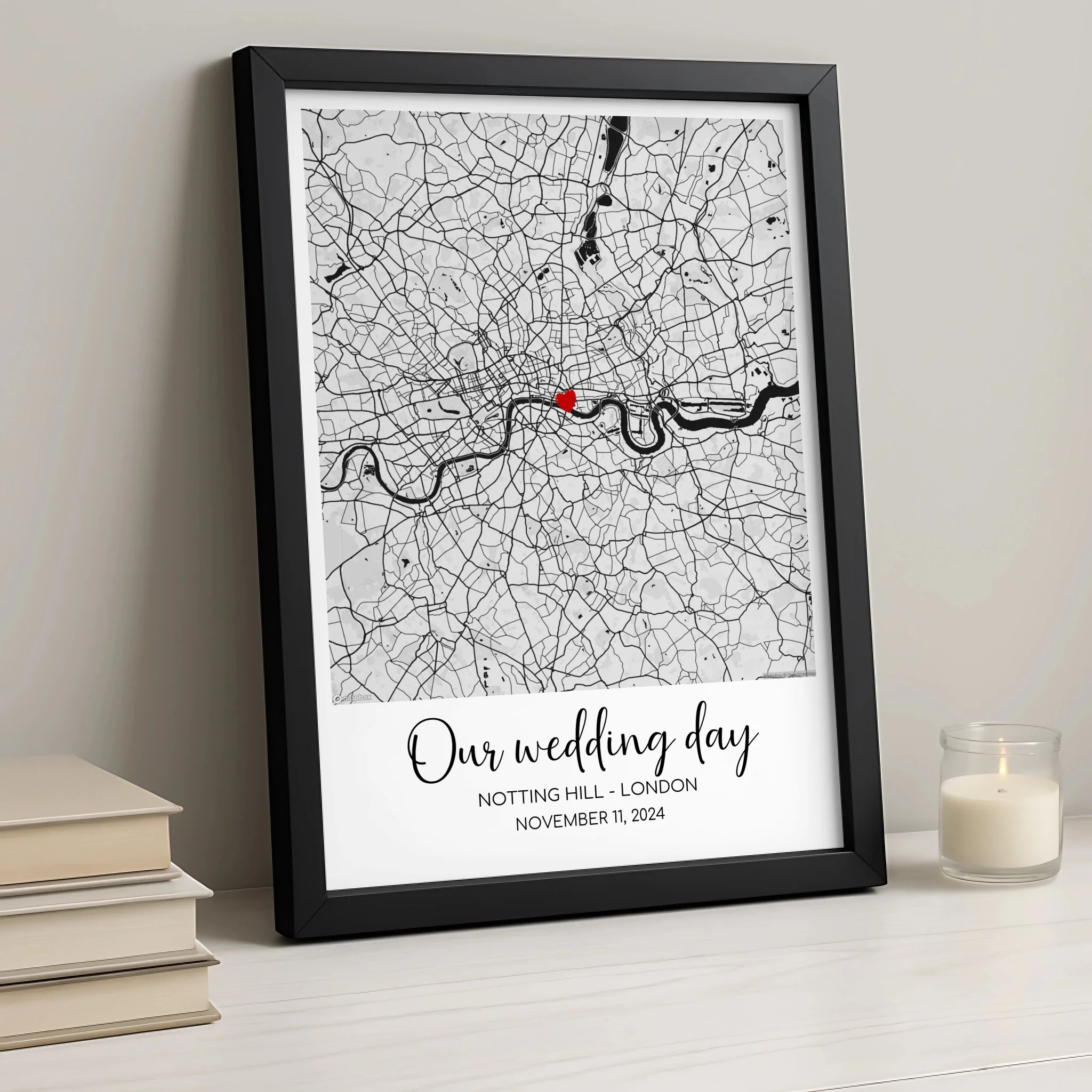 Custom Map Framed Print – Personalised Location Gift with Names, Date & Heart Marker – Anniversary, Wedding or Engagement Gift