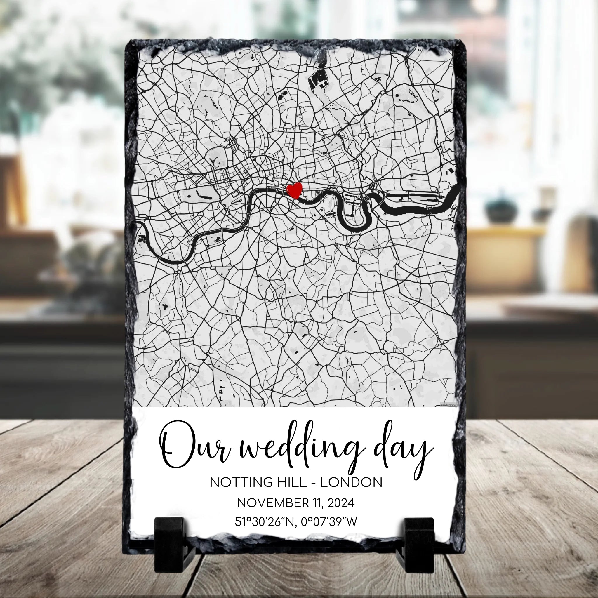 Personalised photo slate with a printed map location, custom names and date on natural slate