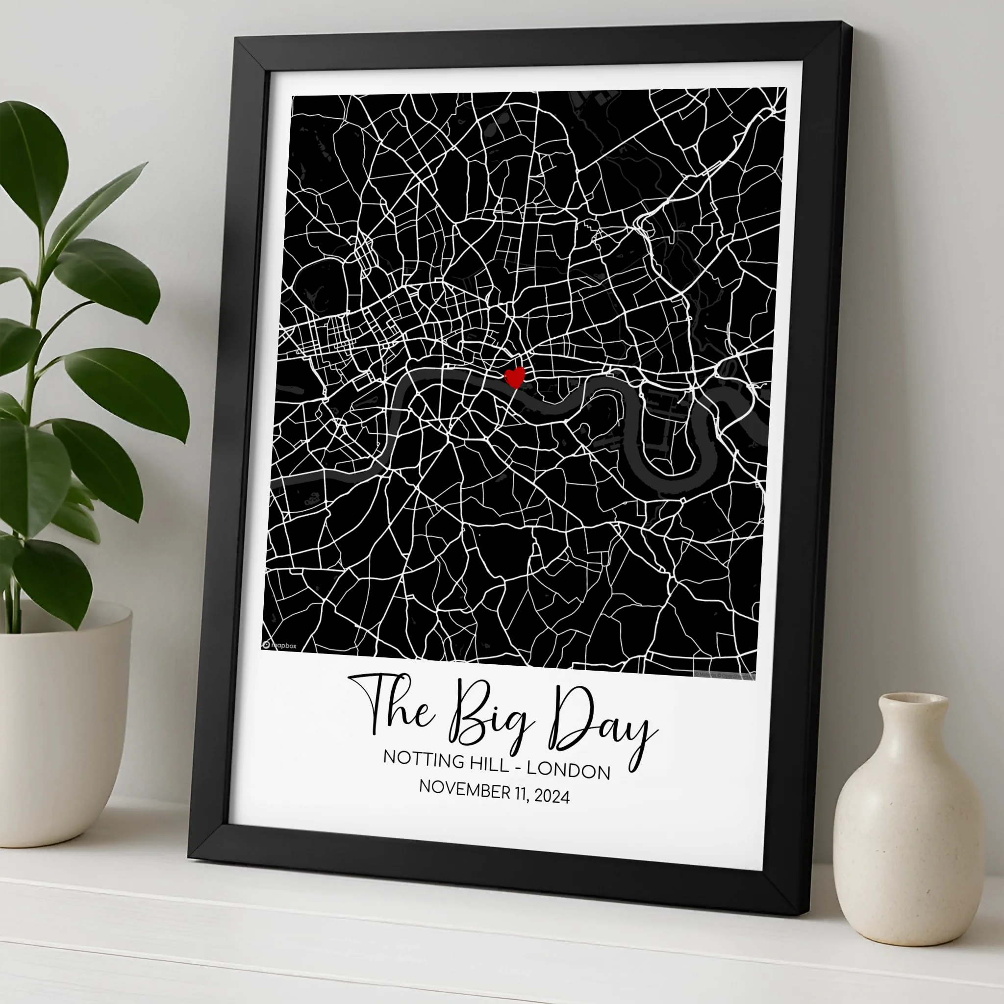 Personalised Location Map Framed Print – Custom Design with Names, Dates & Coordinates – Wedding or Anniversary Keepsake