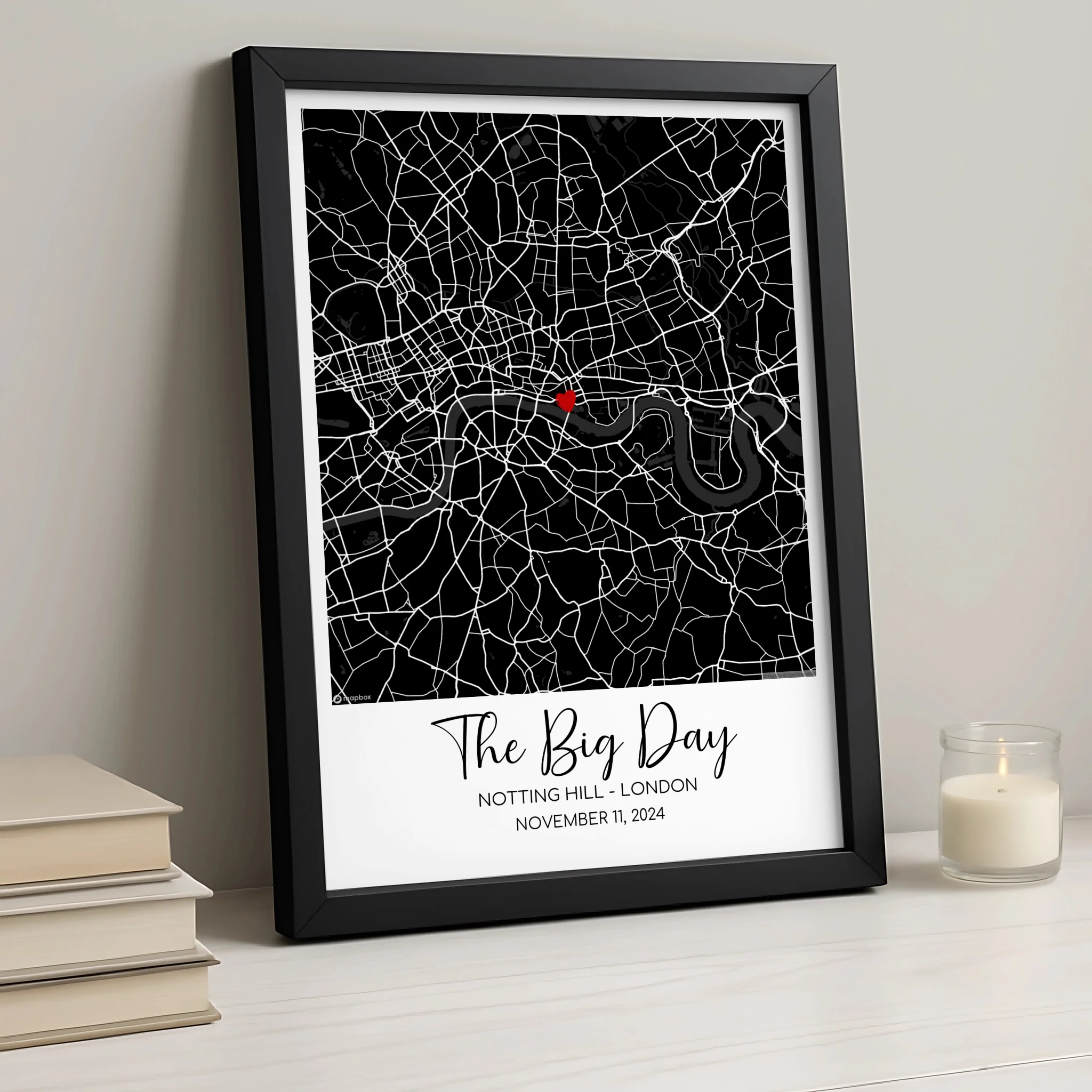 Personalised Location Map Framed Print – Custom Design with Names, Dates & Coordinates – Wedding or Anniversary Keepsake