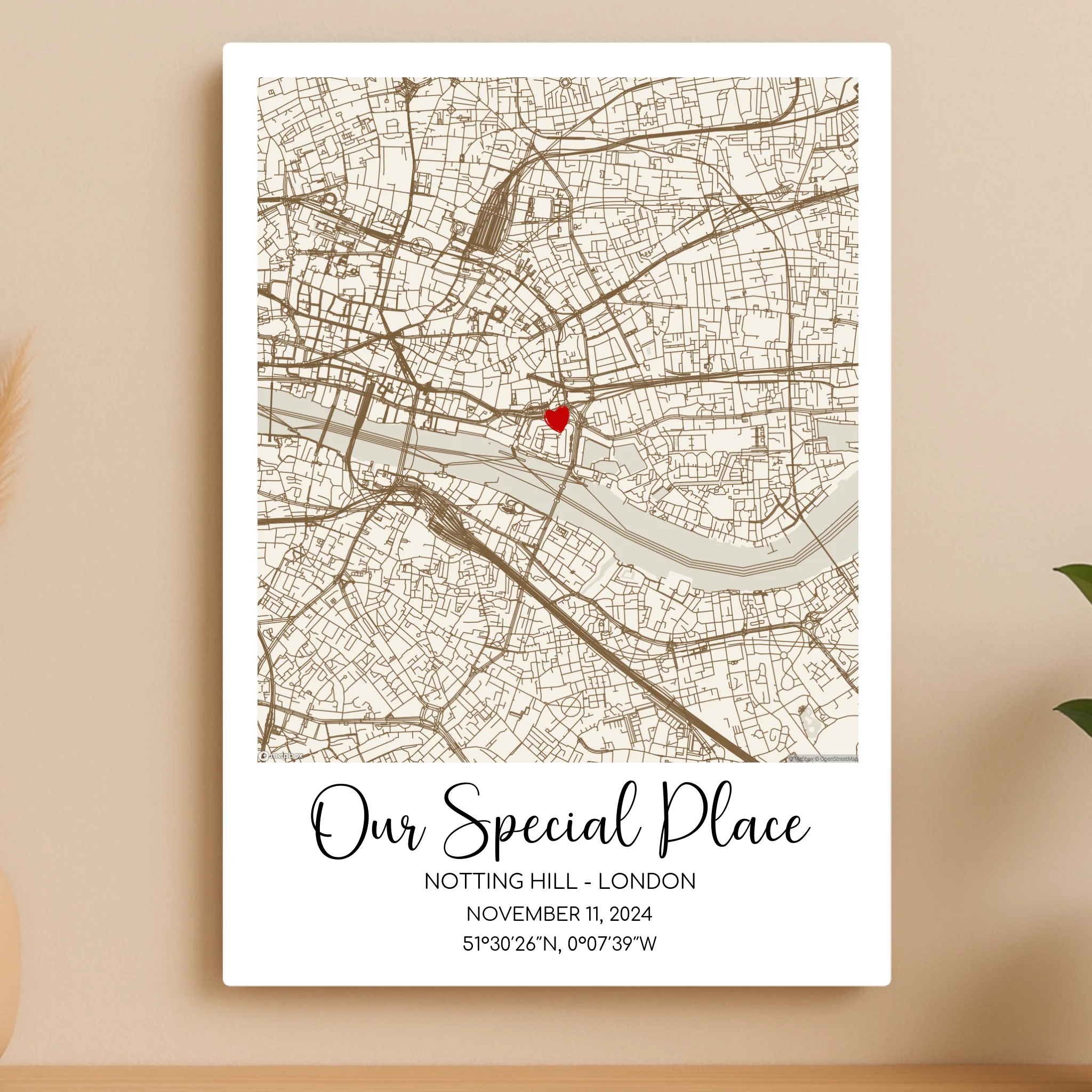Custom Map Metal Print – Personalised Location Wall Art with Names, Date & Coordinates – A4/A3 Aluminium Panel Gift for Couples