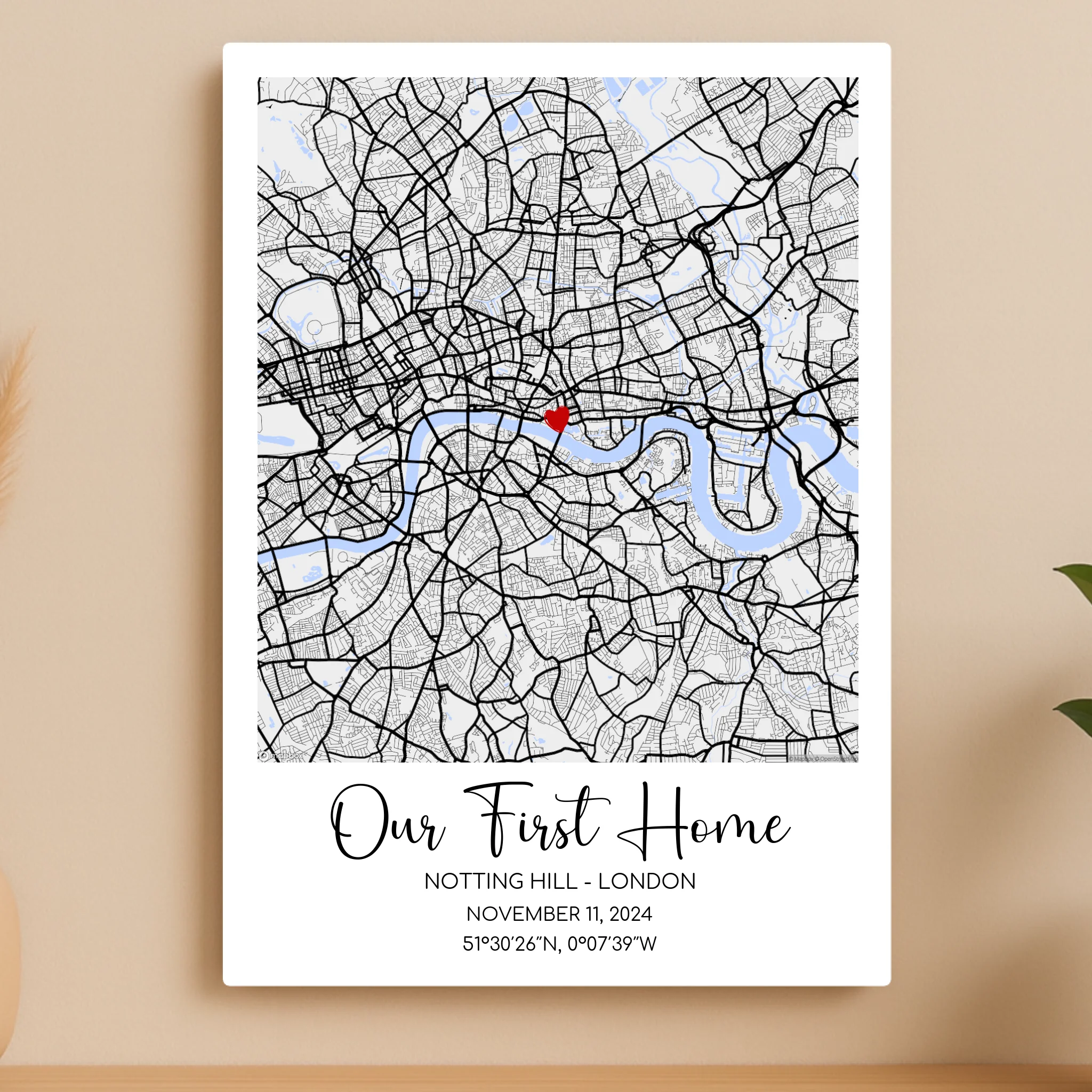 Personalised Map Aluminium Wall Art – Custom Location Print with Heart Marker & Names – Wedding, Engagement or Anniversary Gift