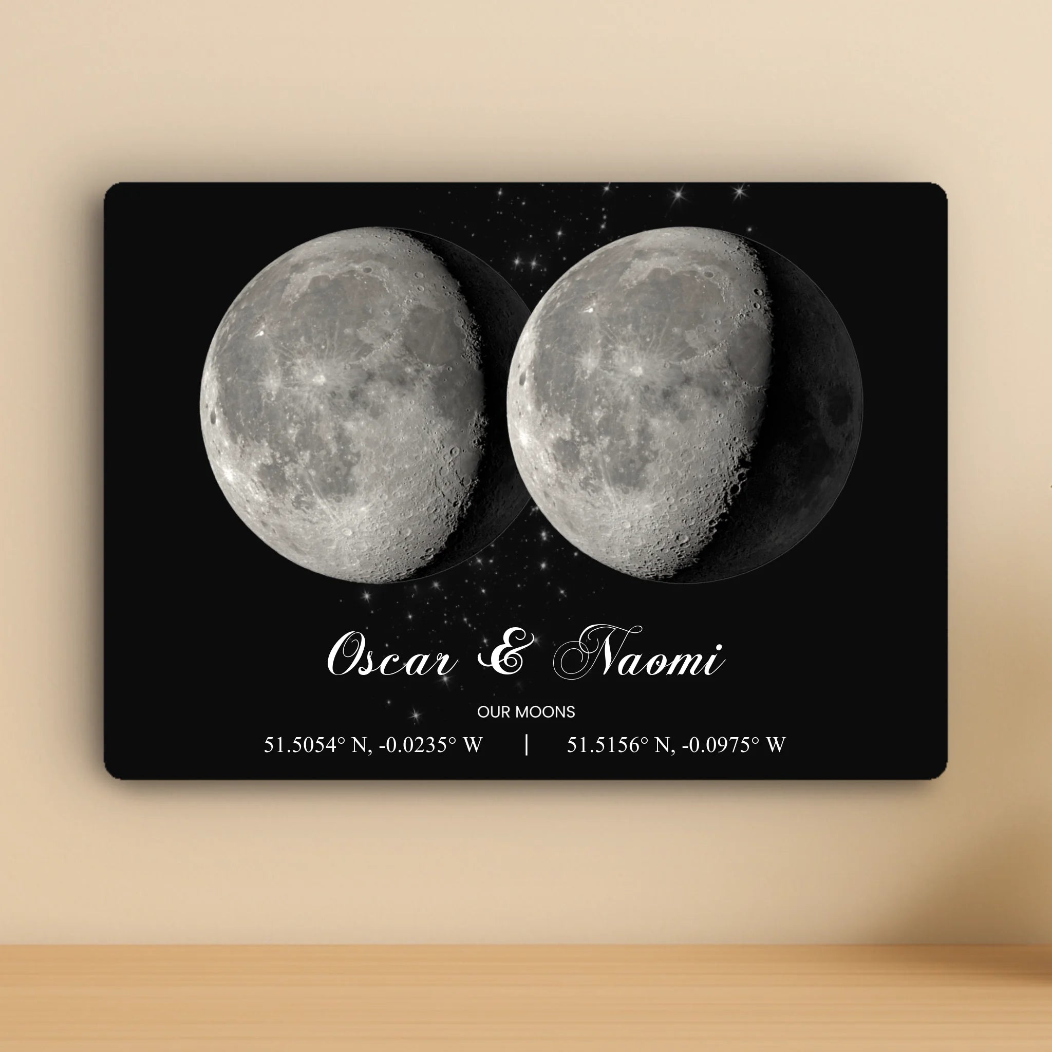Personalised Moon Phase Aluminium Panel – Custom 2 Moons with Names, Dates & Coordinates – A4/A3 Metal Wall Art Gift for Couples