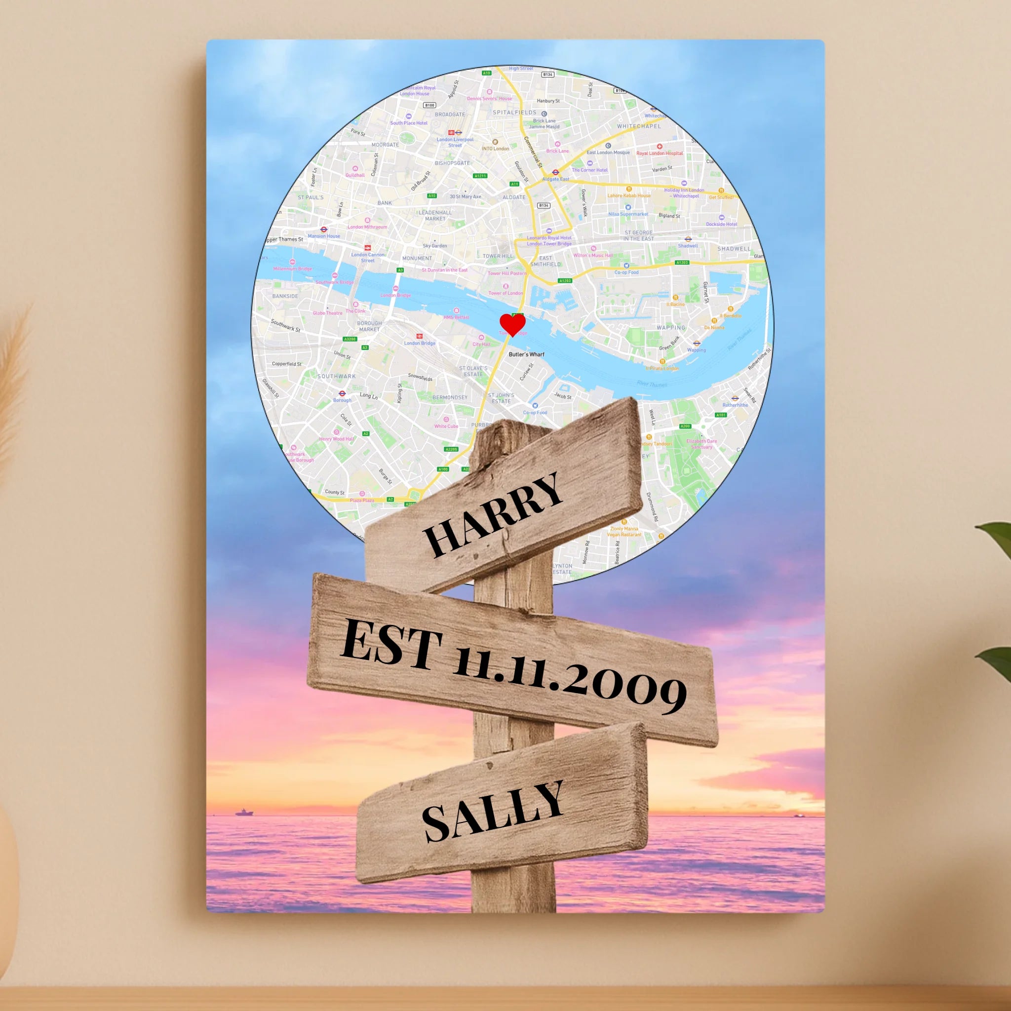 Personalised Map Aluminium Panel – Custom Location Print with Names & Date on Wooden Signpost – A4/A3 Metal Wall Art Anniversary Gift