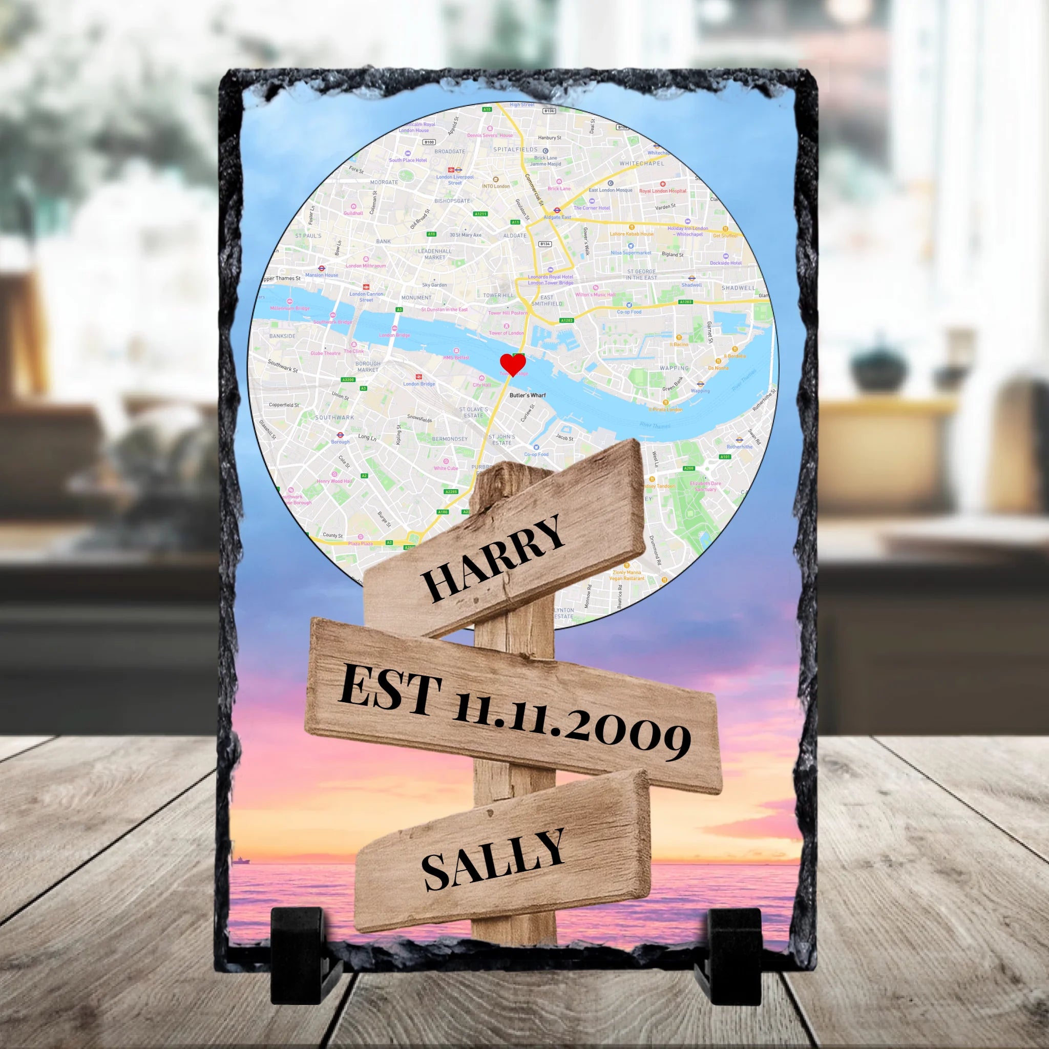 Personalised photo slate with custom map location, retro street sign, names and date printed on rectangular slate