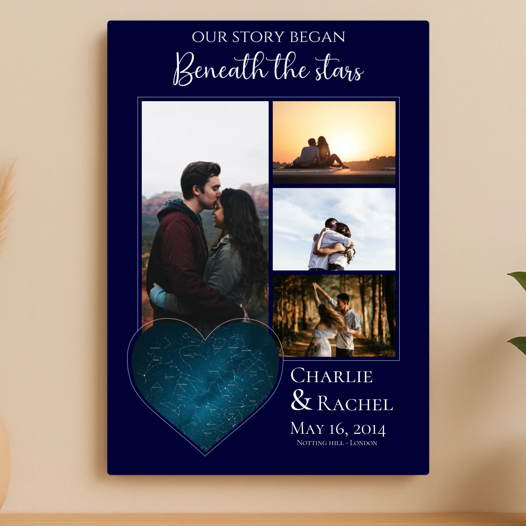 Personalised Photo & Star Map Aluminium Panel – Custom Collage with Names, Date & Location – A4/A3 Metal Wall Art Couples Gift