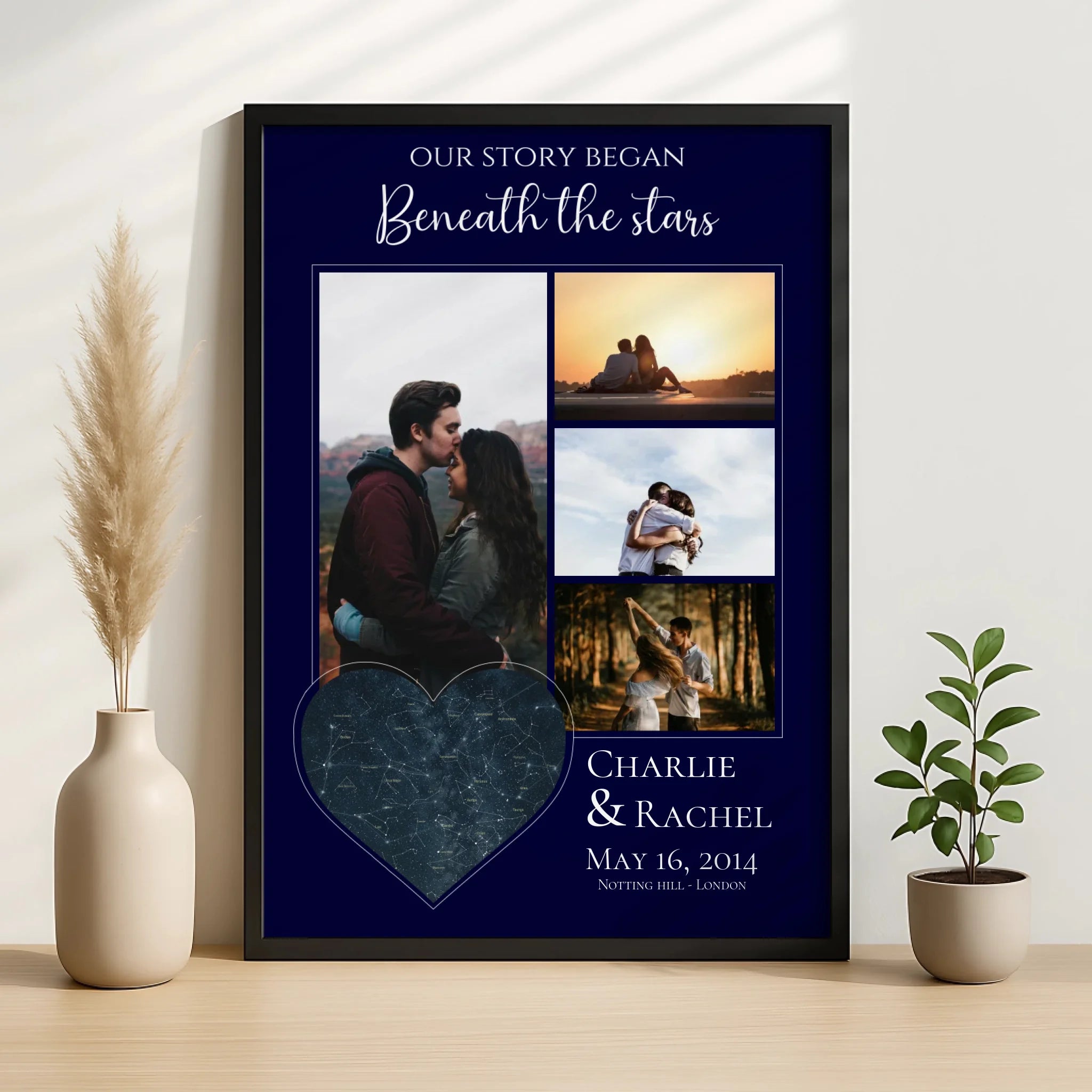 Close-up of personalised photo frame print with star map and custom quote