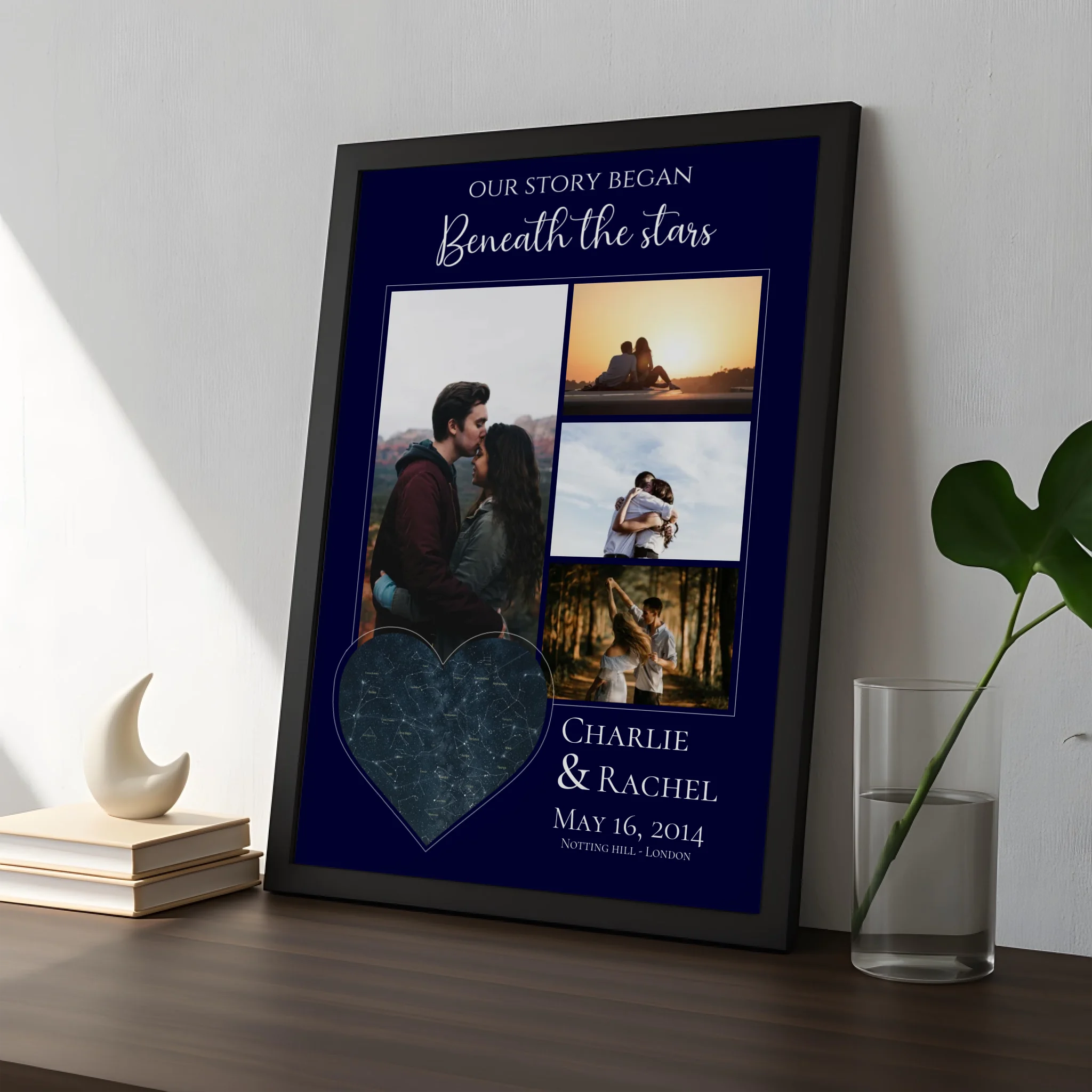 Personalised wedding gift print with photo, star map, names and location in white frame