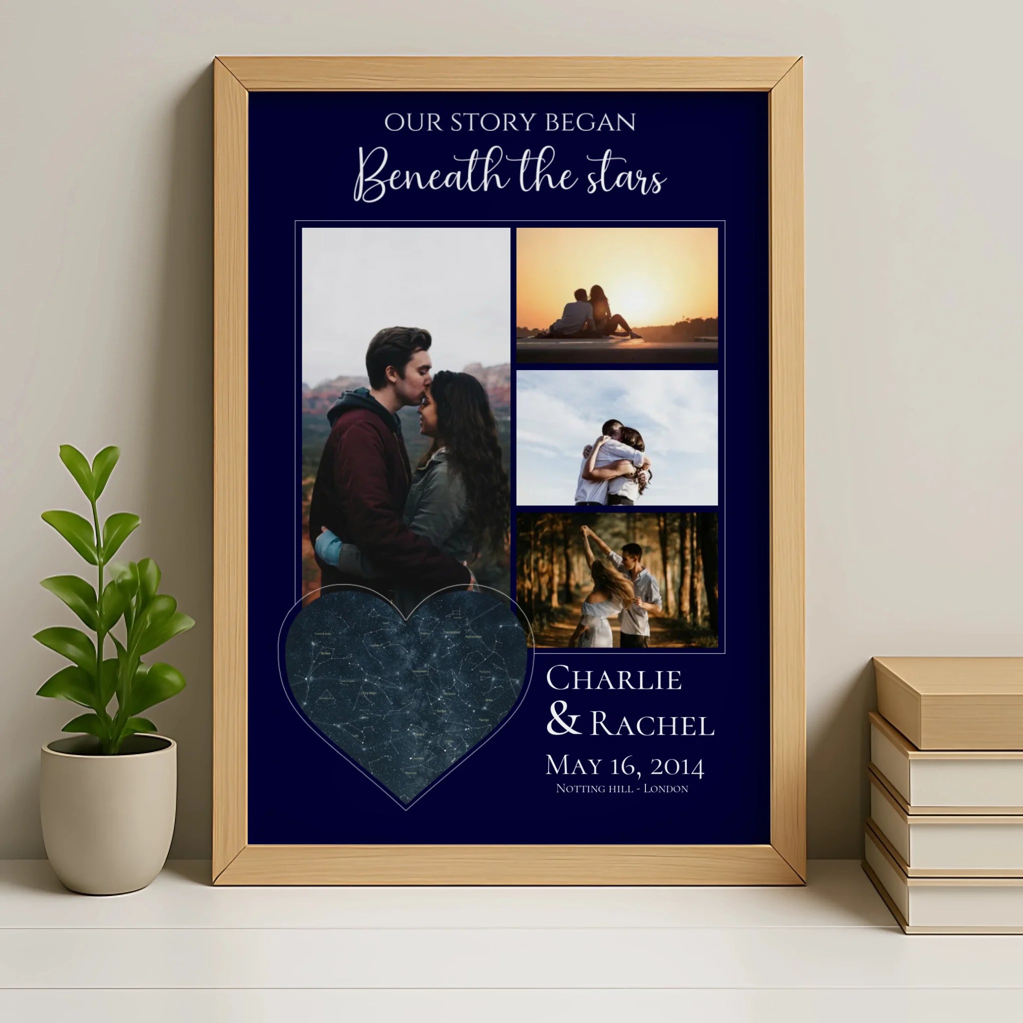 Oak framed personalised star map and photo collage print with date and quote