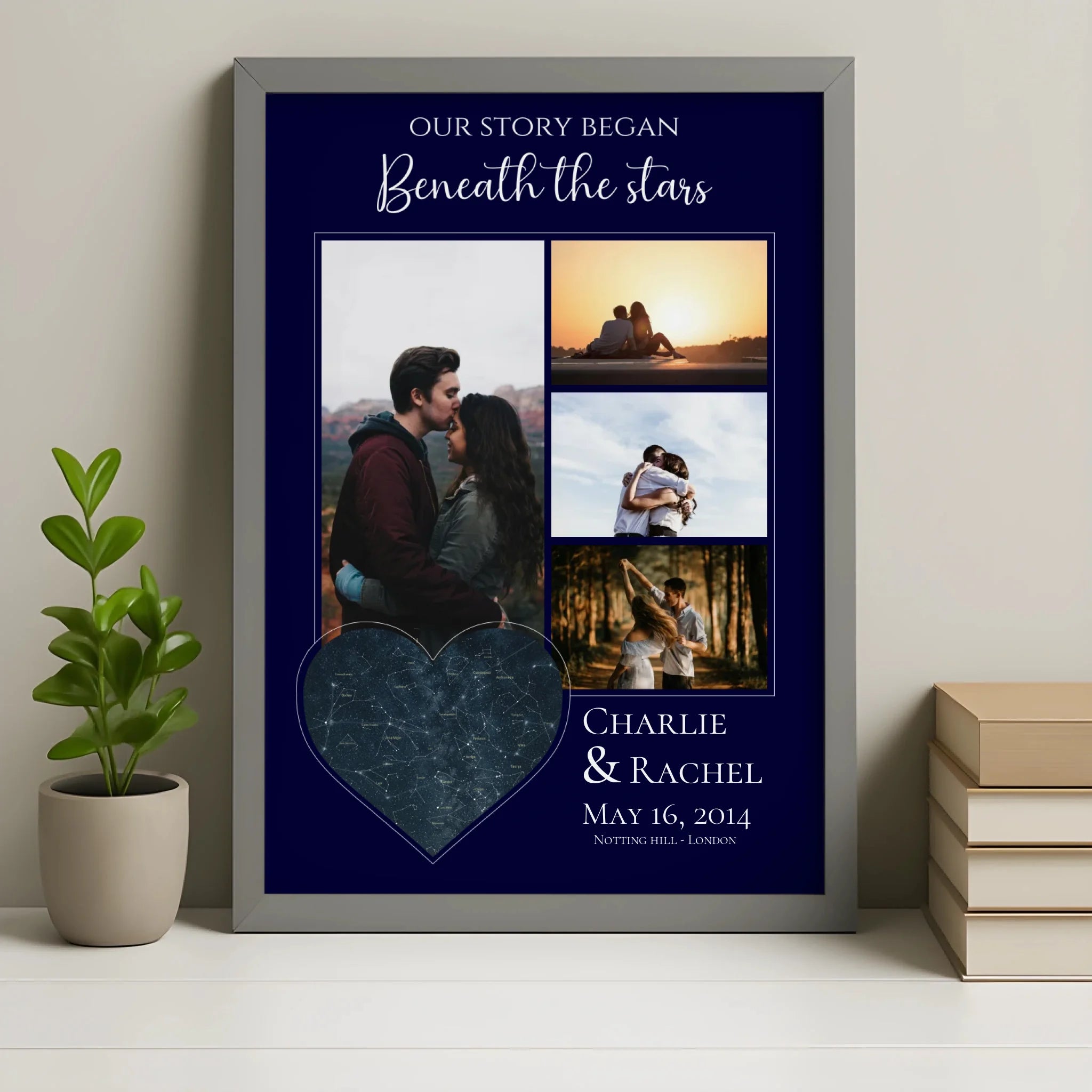 Personalised photo frame print in grey frame with star map, names and location