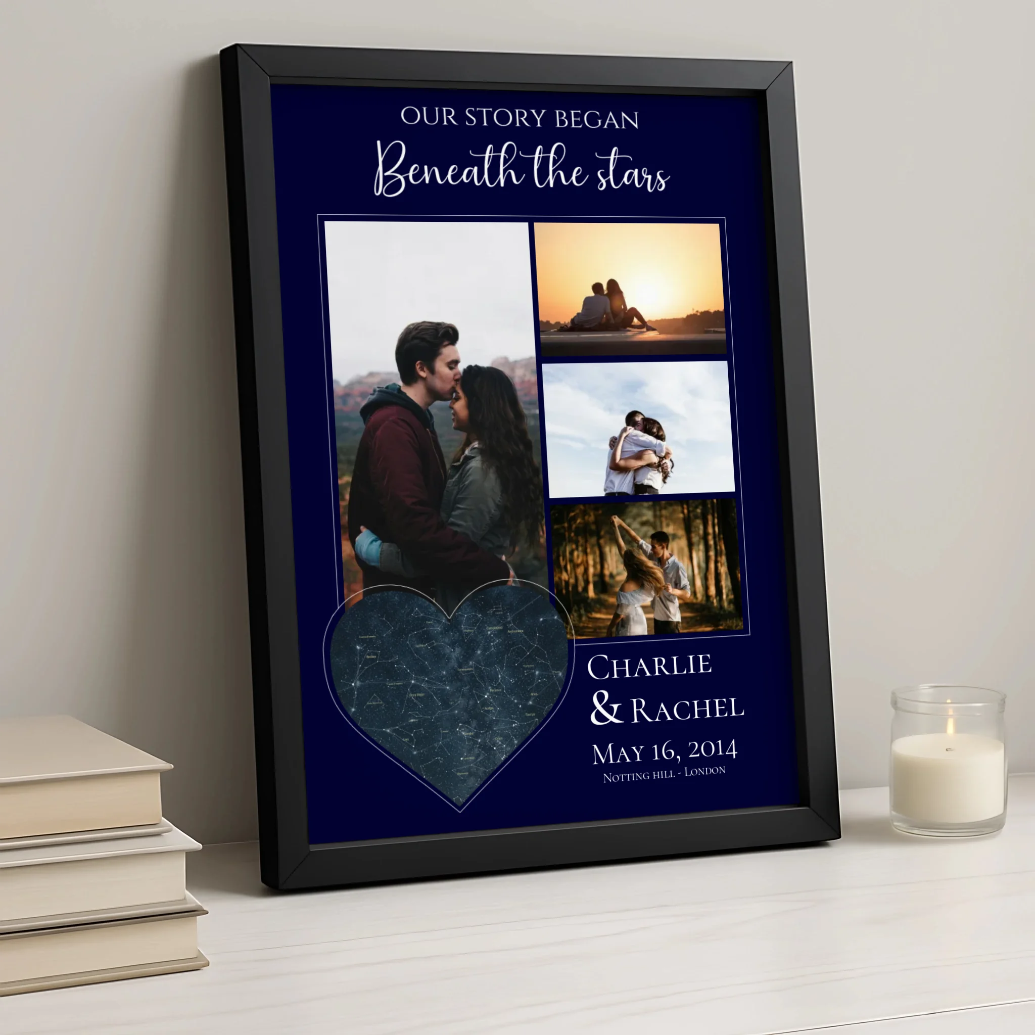 Personalised anniversary print with photo, star map, names and date in A3 frame