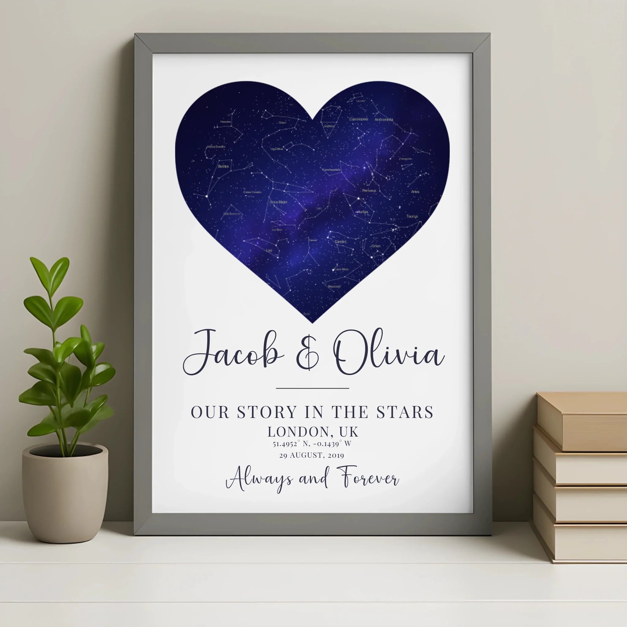 Custom heart star map print in a grey frame personalised with a special date and location