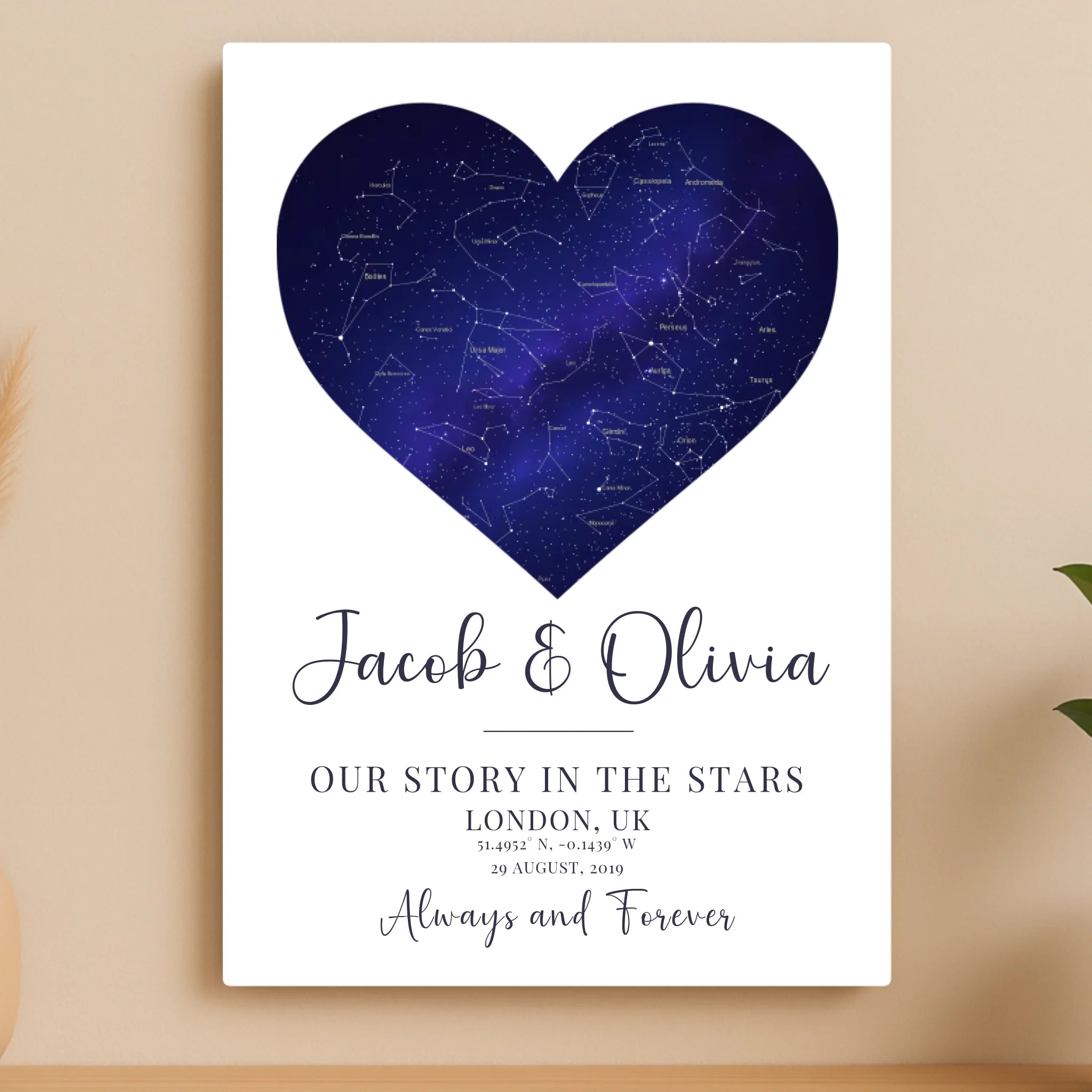 Personalised Heart Star Map Aluminium Panel – Custom Night Sky with Names, Date & Location – A4/A3 Metal Wall Art Couples Gift