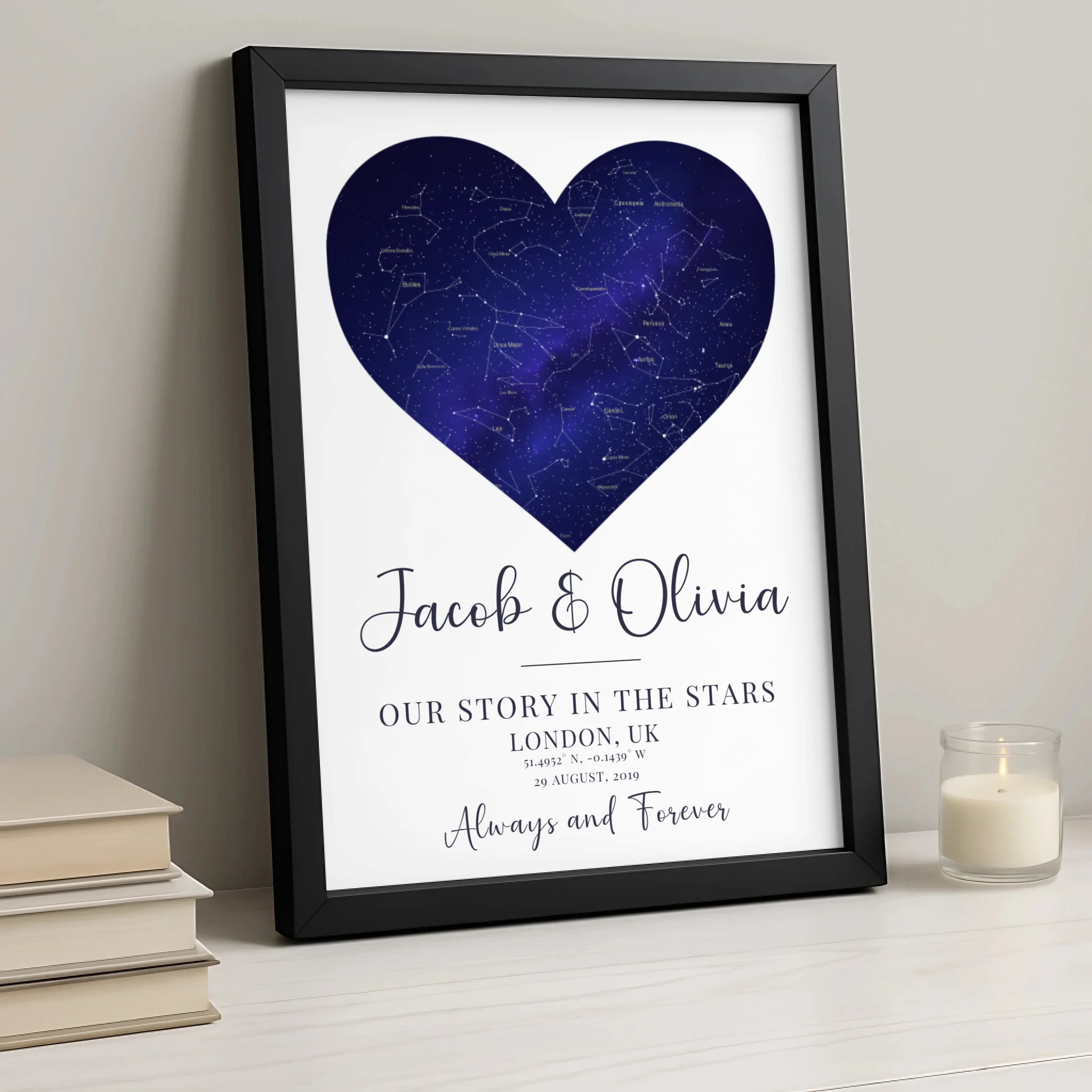 A3 personalised night sky print in a heart frame with couple names and anniversary date