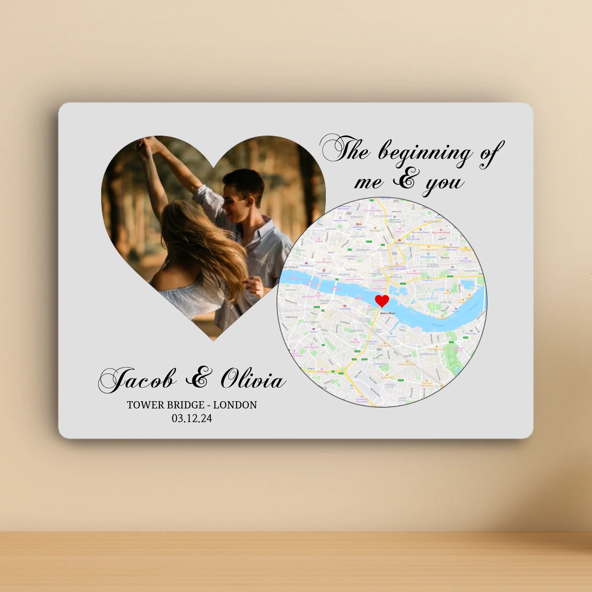 Personalised Photo & Map Aluminium Panel – Custom Location with Names, Date & Heart Photo – A4/A3 Metal Wall Art Gift for Couples